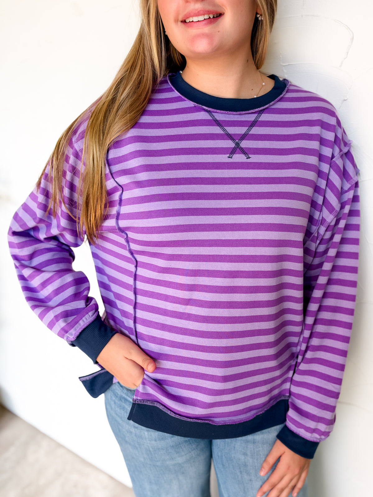 Always Fun French Terry Striped Pullover- Violet/Lavender