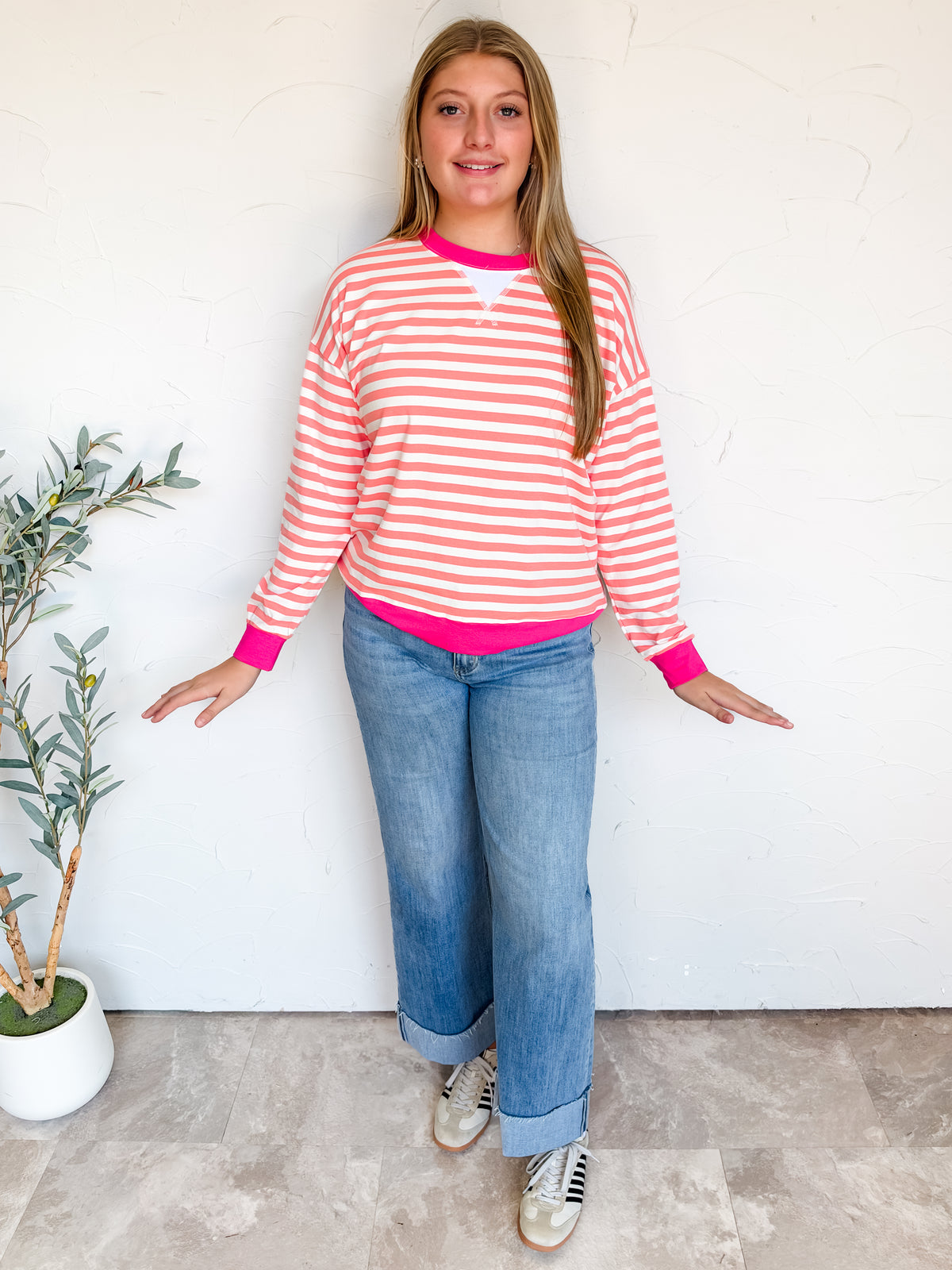 In The Spirit Striped Rib Banded Pullover- Coral/Hot Pink