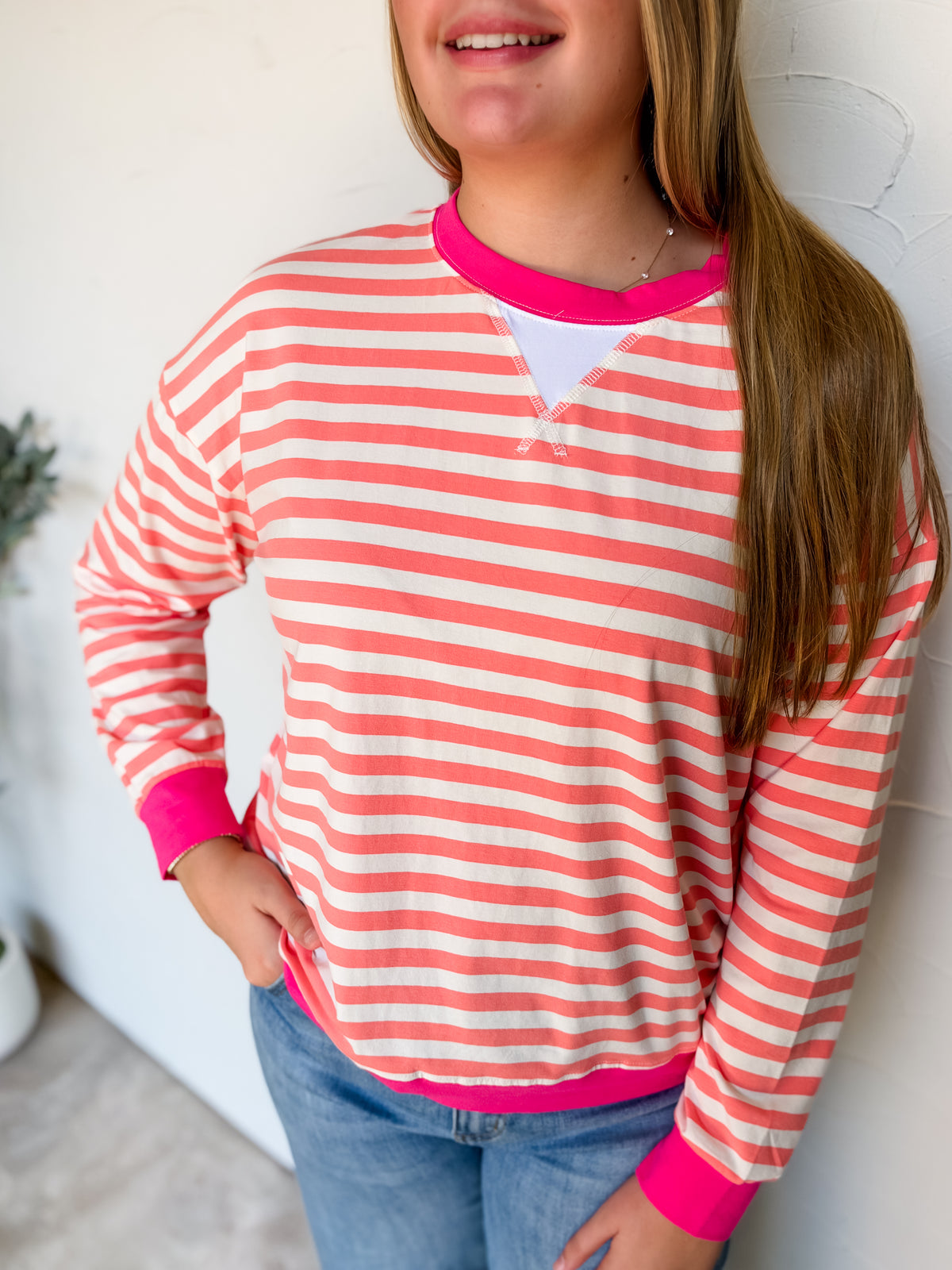 In The Spirit Striped Rib Banded Pullover- Coral/Hot Pink