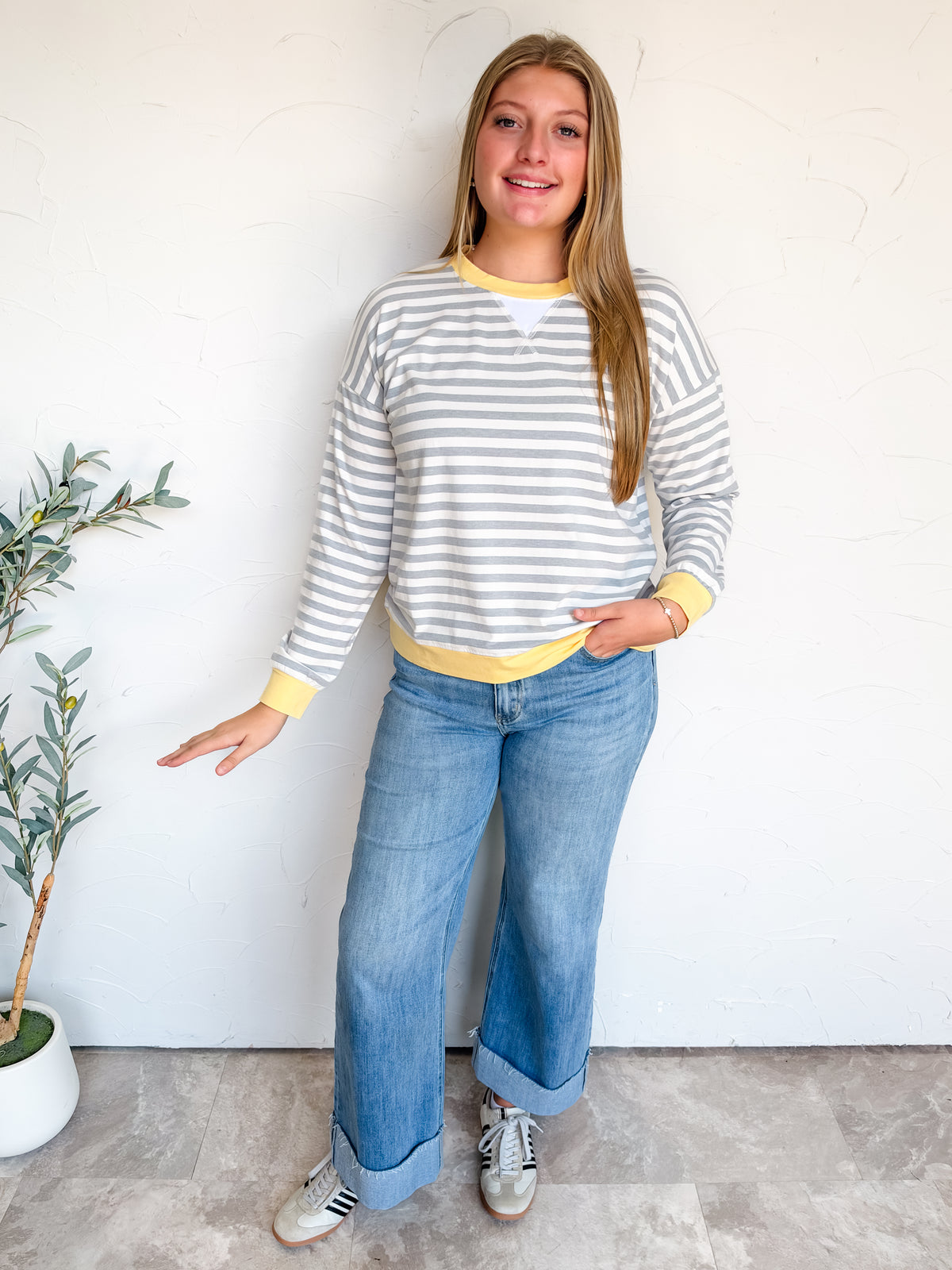 In The Spirit Striped Rib Banded Pullover- H Grey/Yellow
