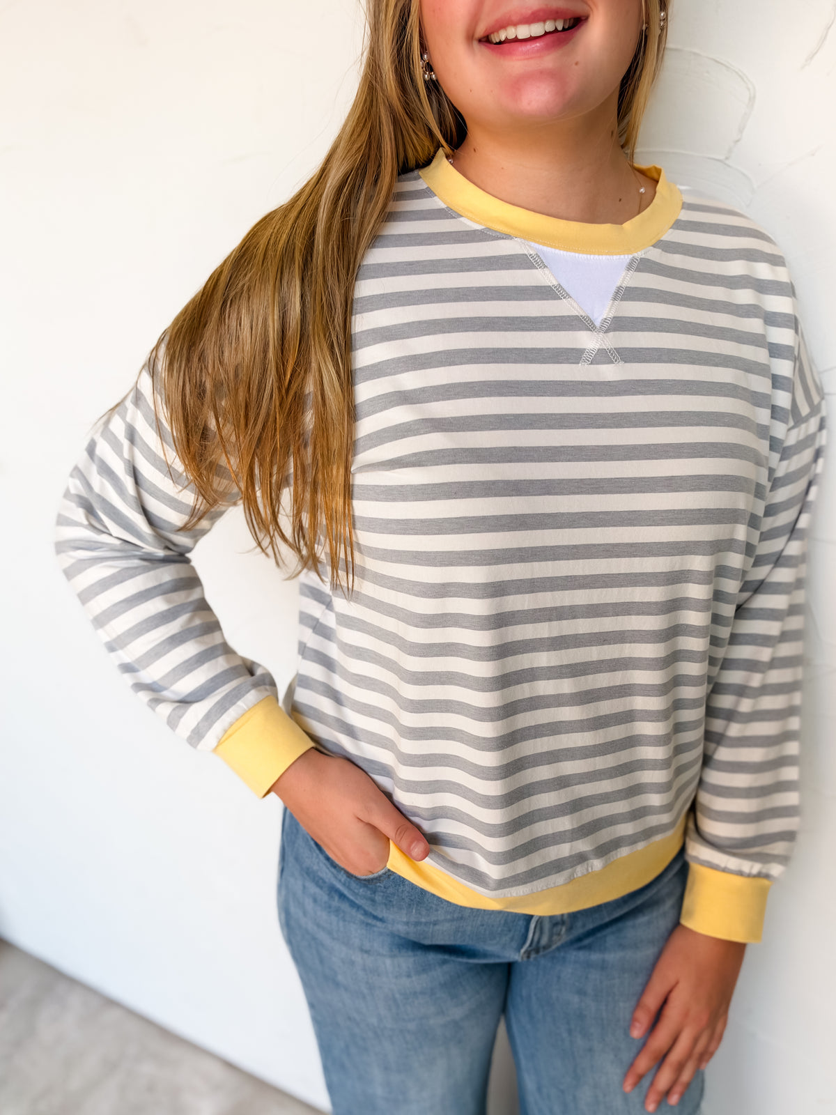 In The Spirit Striped Rib Banded Pullover- H Grey/Yellow
