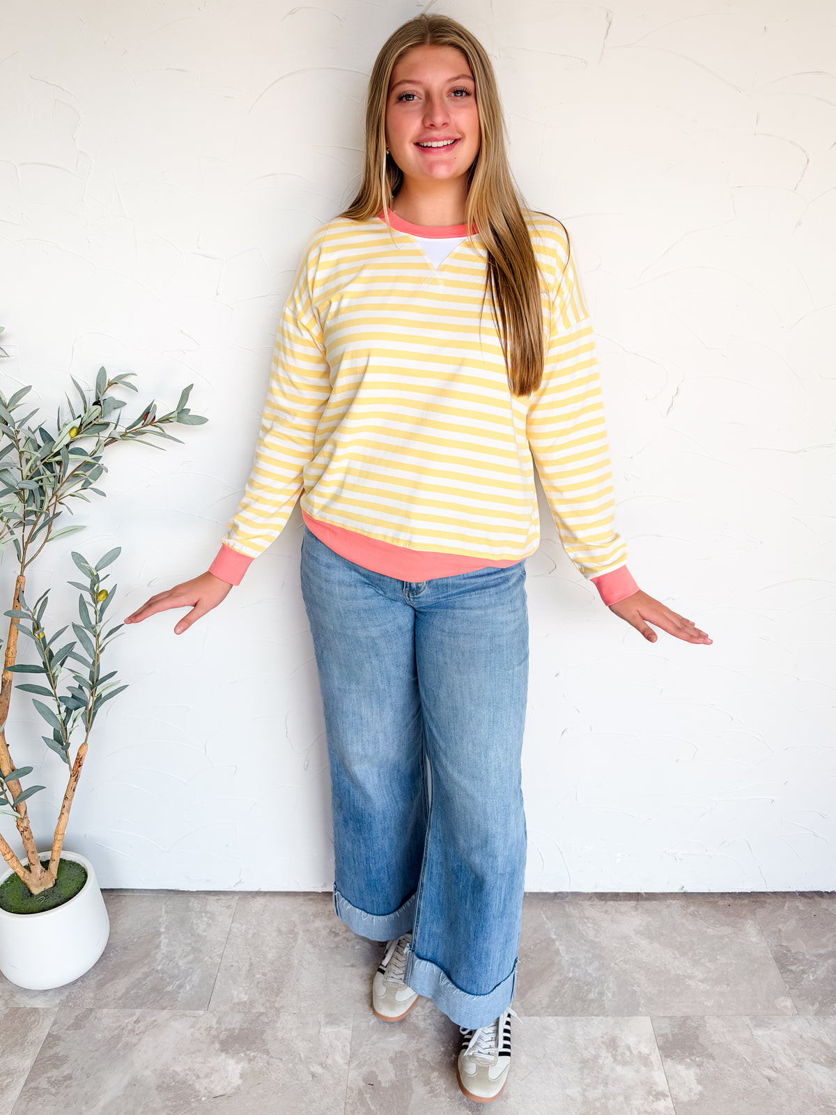 In The Spirit Striped Rib Banded Pullover- Yellow/Coral