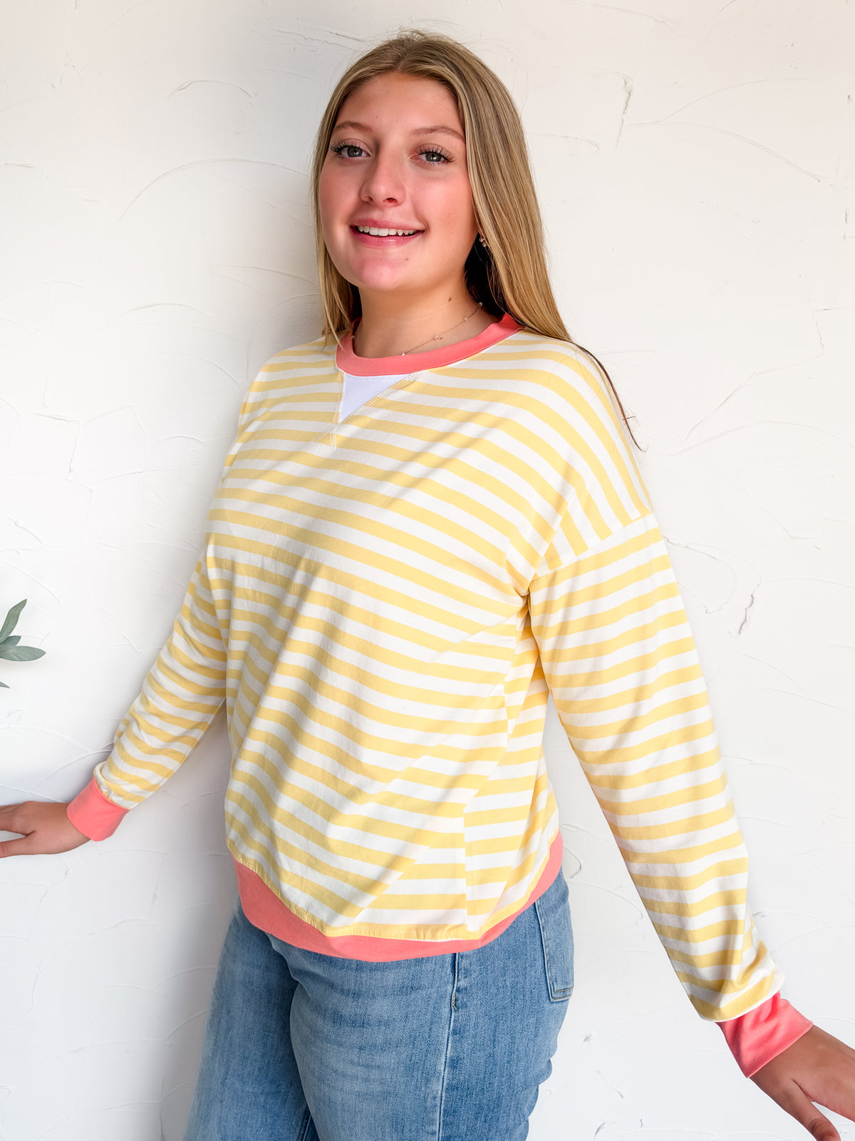 In The Spirit Striped Rib Banded Pullover- Yellow/Coral