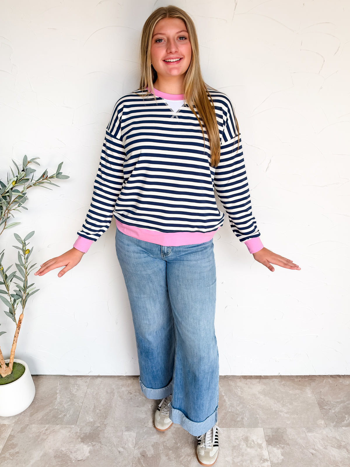 In The Spirit Striped Rib Banded Pullover- Navy/Candy Pink