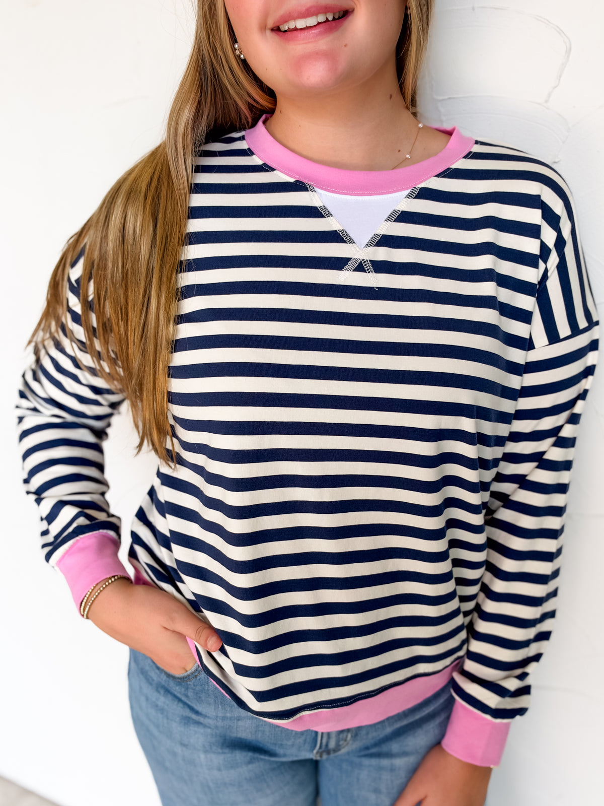In The Spirit Striped Rib Banded Pullover- Navy/Candy Pink