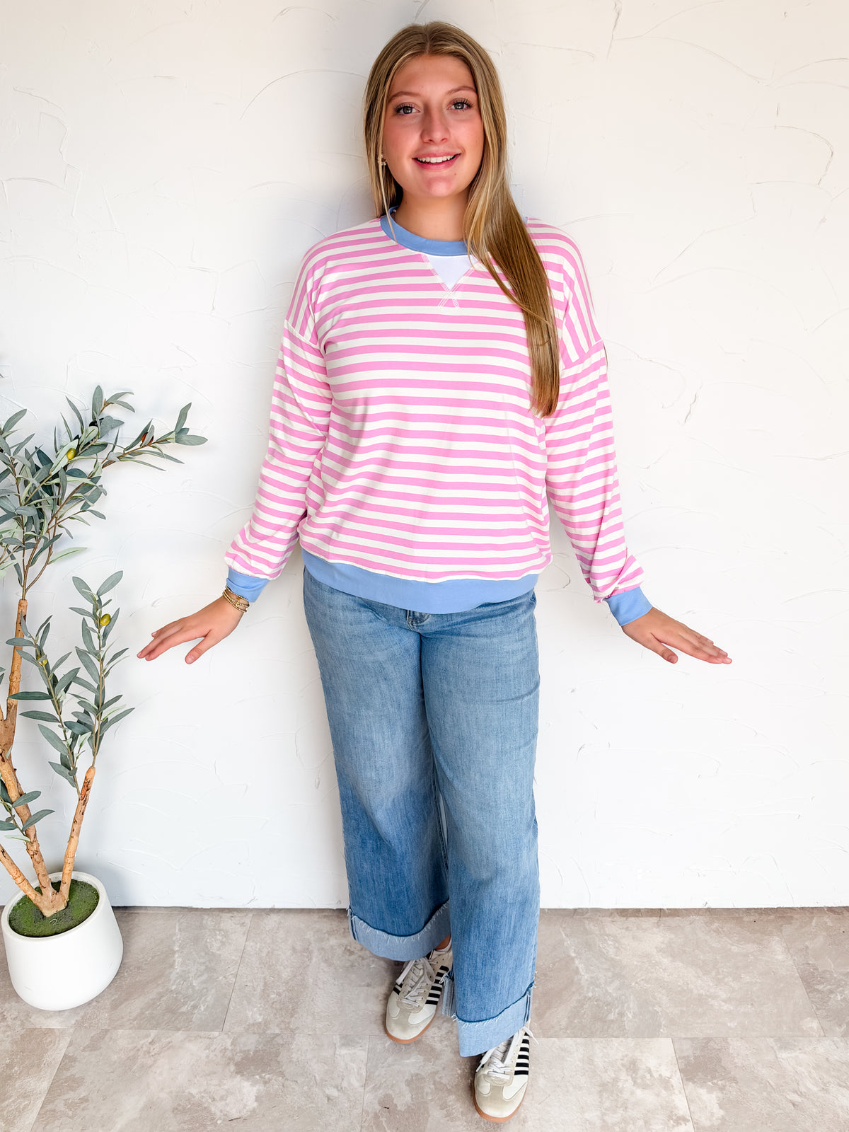 In The Spirit Striped Rib Banded Pullover- Candy Pink/Cornflower Blue