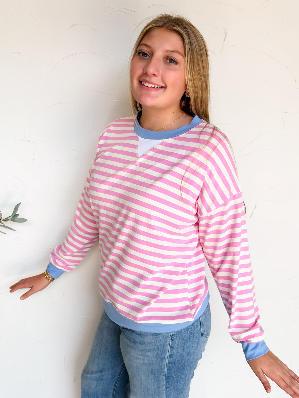 In The Spirit Striped Rib Banded Pullover- Candy Pink/Cornflower Blue