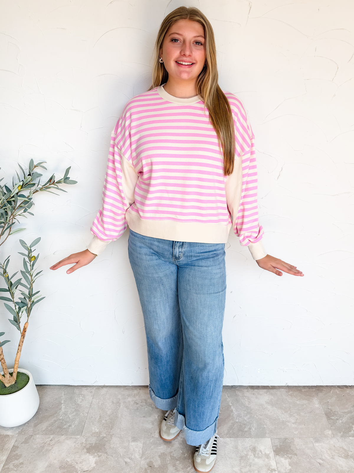 Just Around The Corner Striped Oversized Sweatshirt- Candy Pink