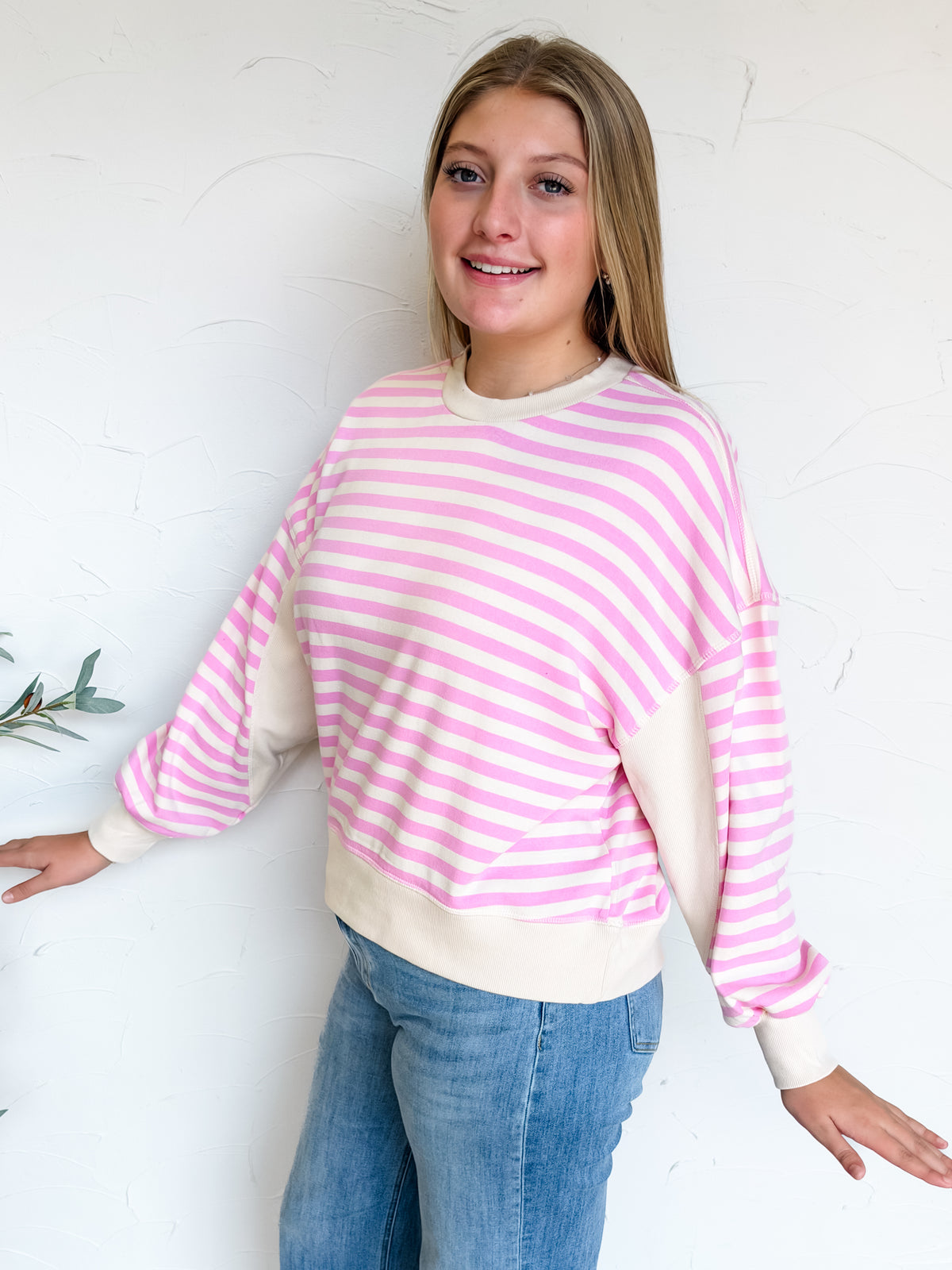 Just Around The Corner Striped Oversized Sweatshirt- Candy Pink