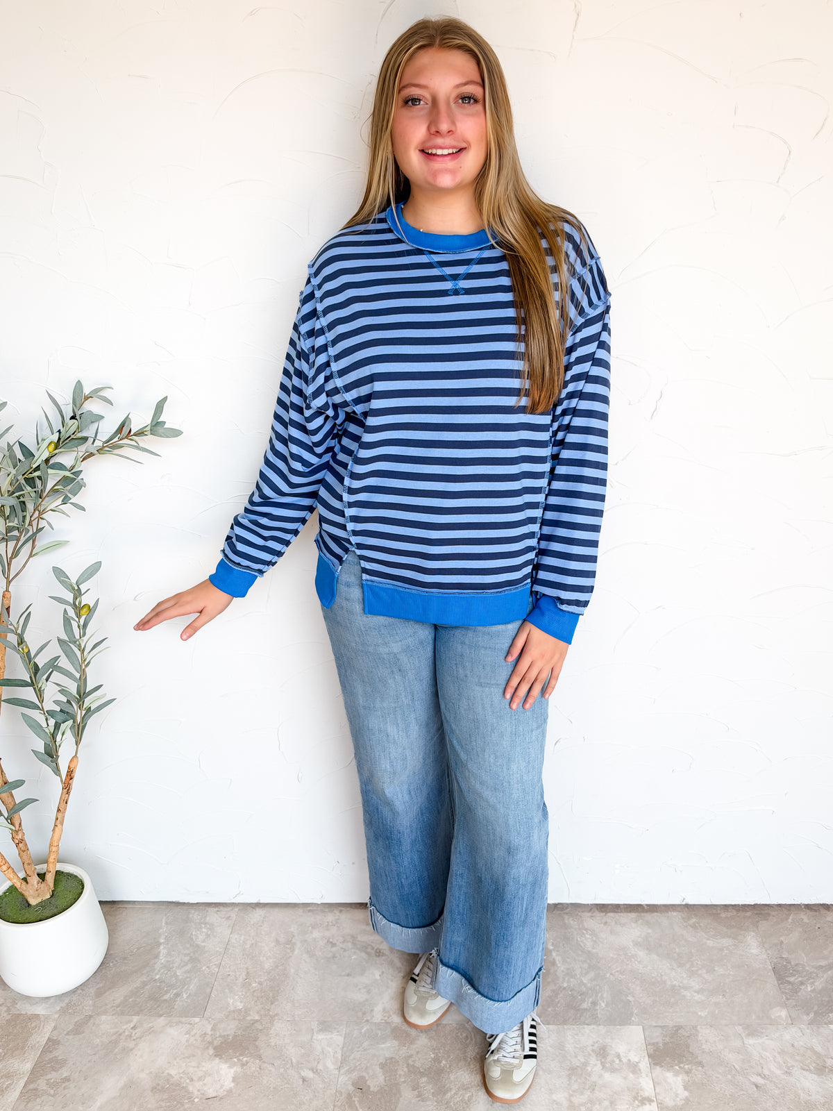 Always Fun French Terry Striped Pullover-Navy/Cornflower Blue