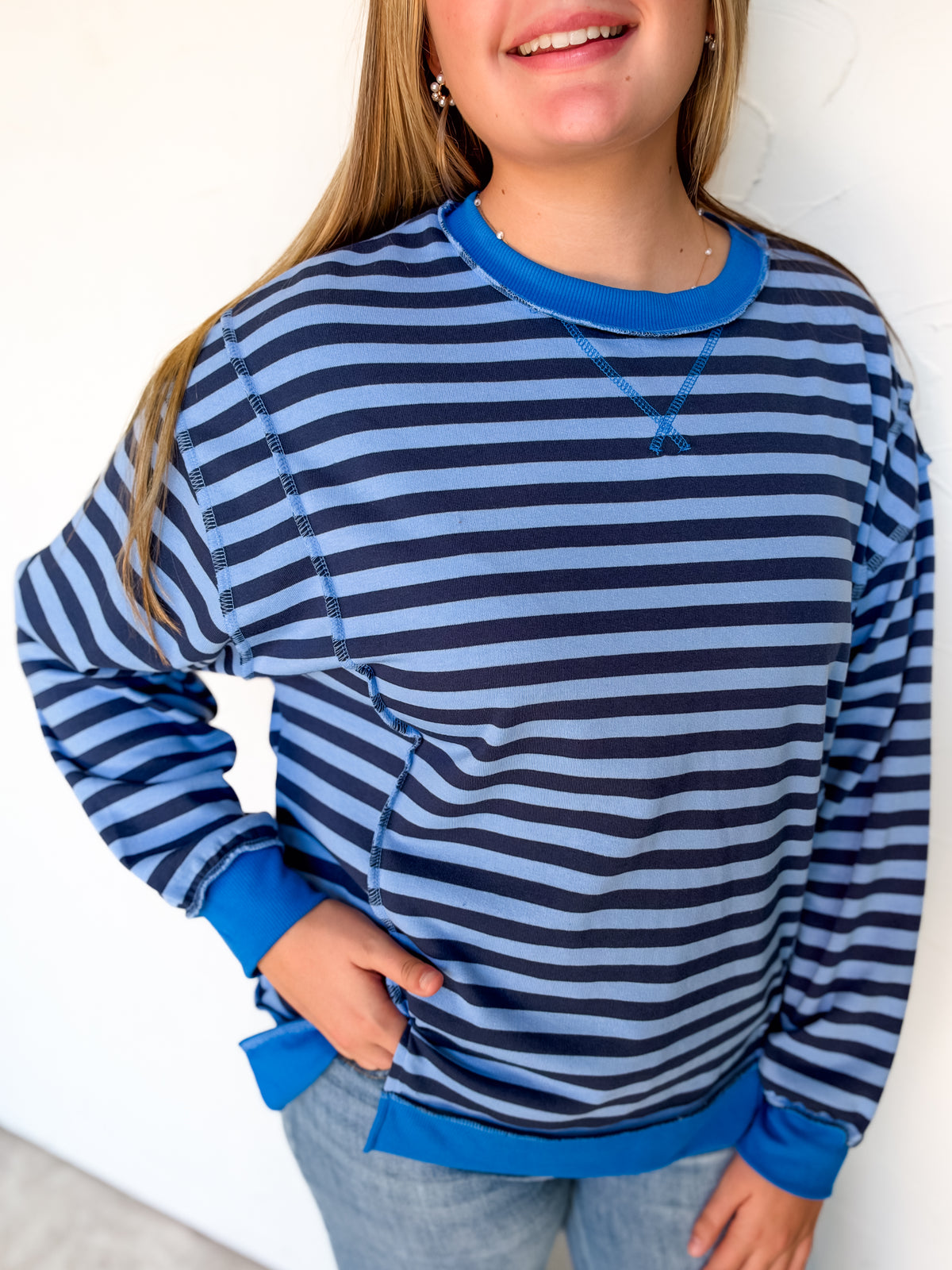 Always Fun French Terry Striped Pullover-Navy/Cornflower Blue