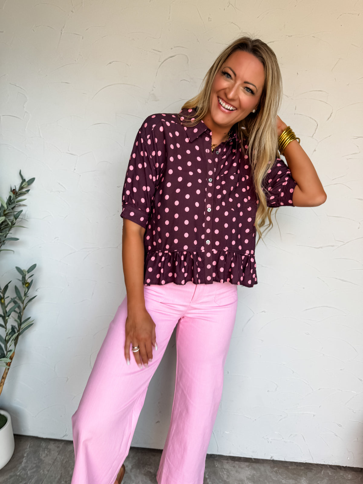 A Pop Of Dots Ruffle Hem Top- Wine
