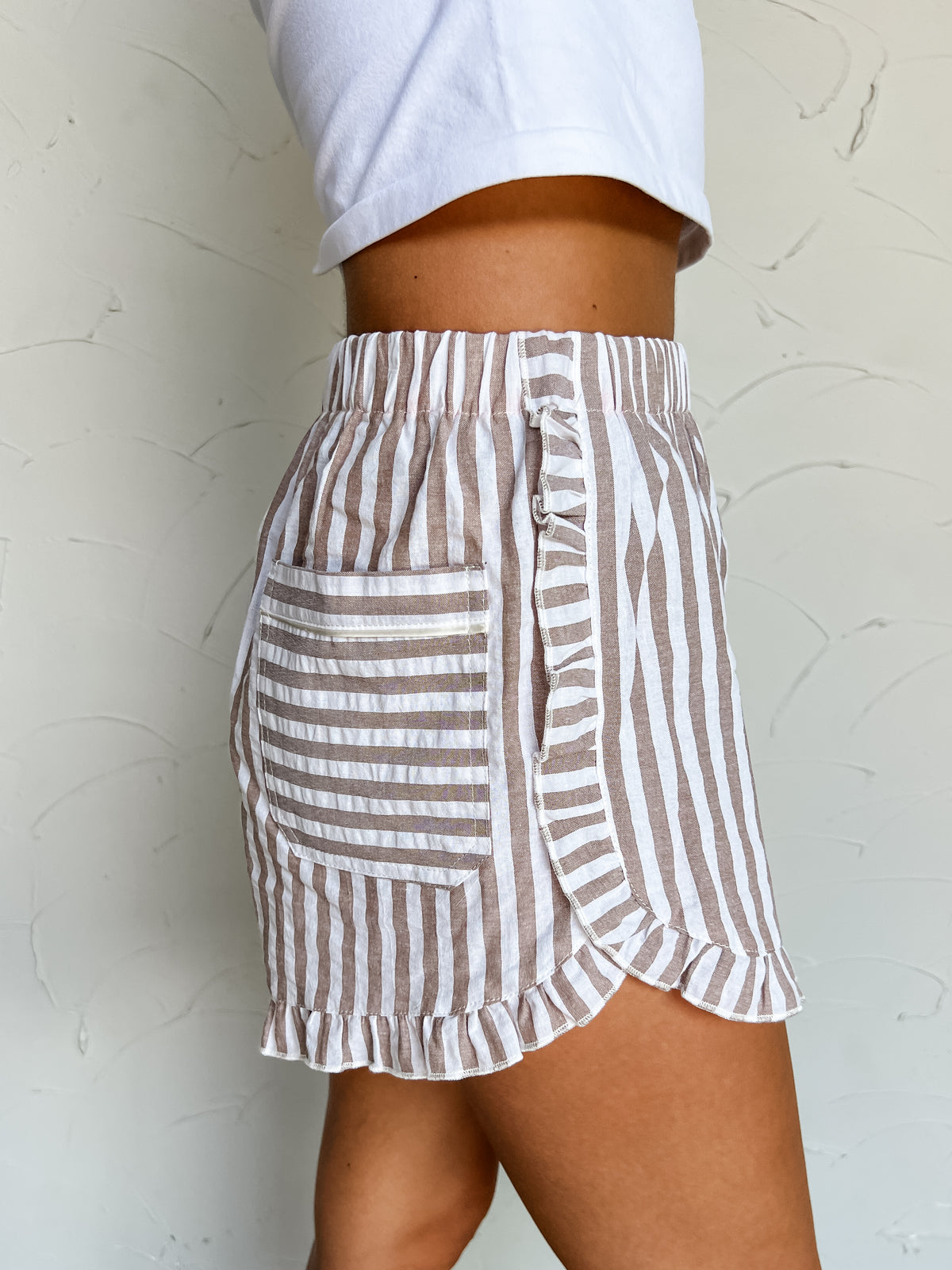 Big Dreams Striped Ruffled Shorts- Mocha/Ivory