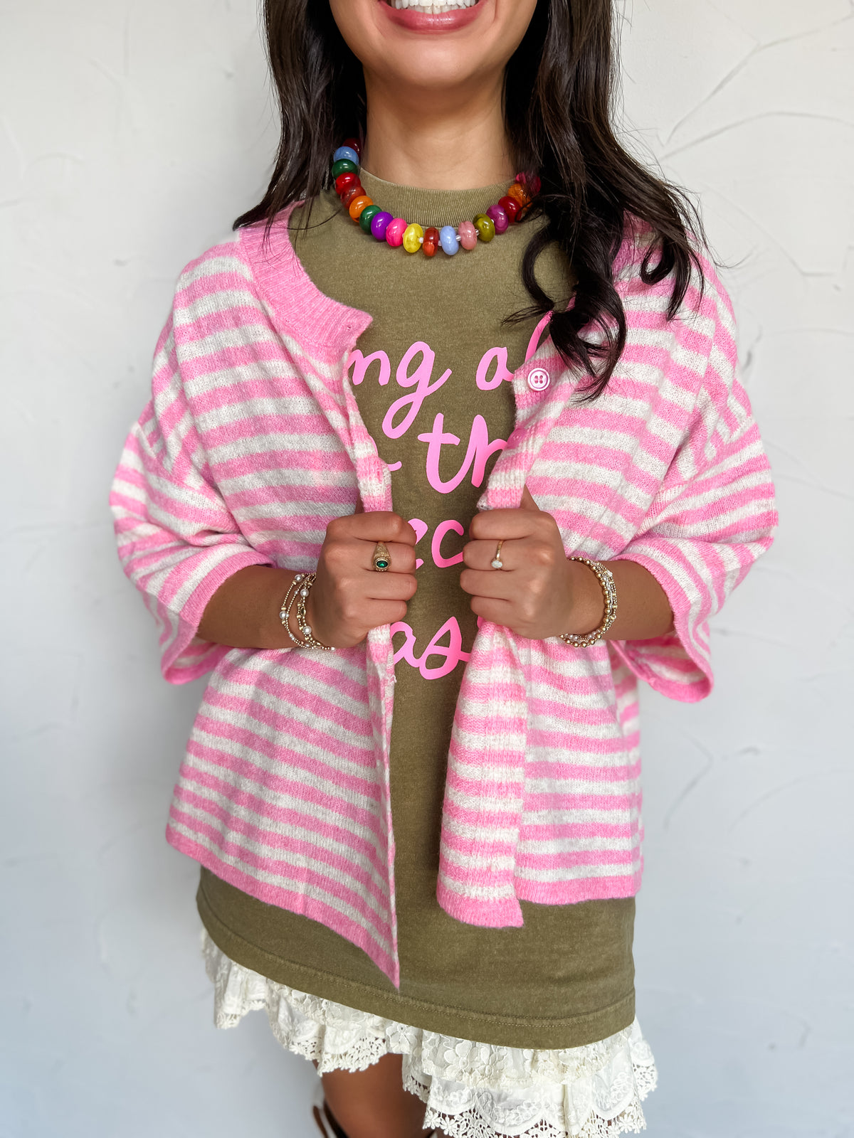 Life's Too Short Striped Sweater Cardigan- Candy Pink