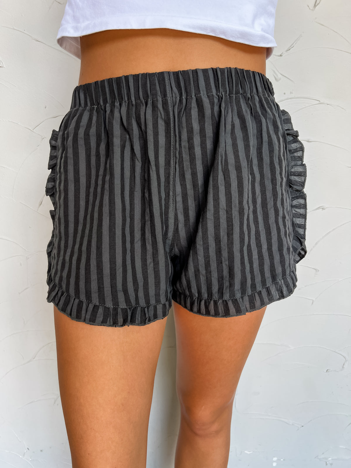 Big Dreams Striped Ruffled Shorts- Grey Black