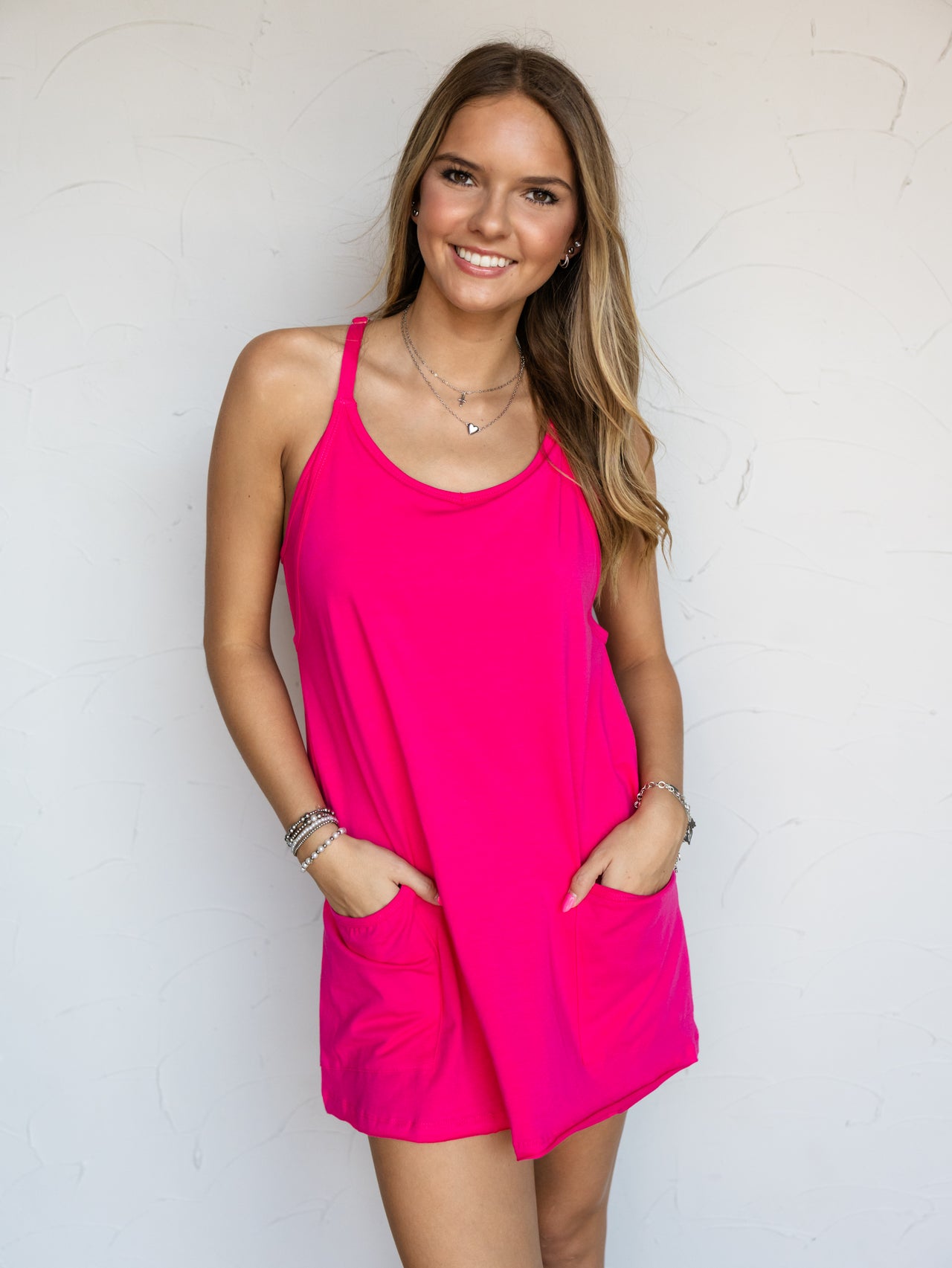 It's The Little Things Romper Lined Dress- Hot Pink