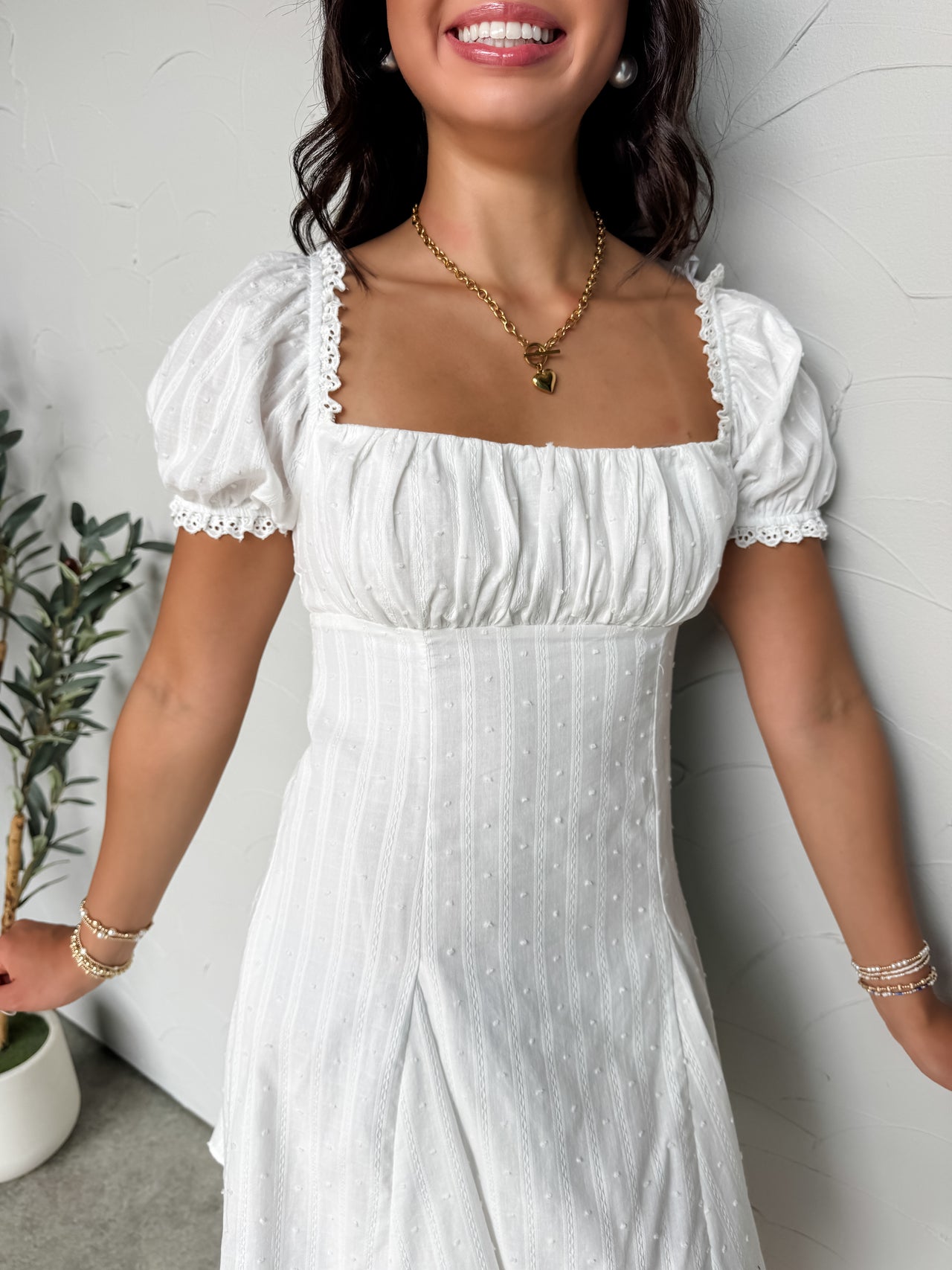 Almost Too Perfect Puff Sleeve Lace Trim Dress- White