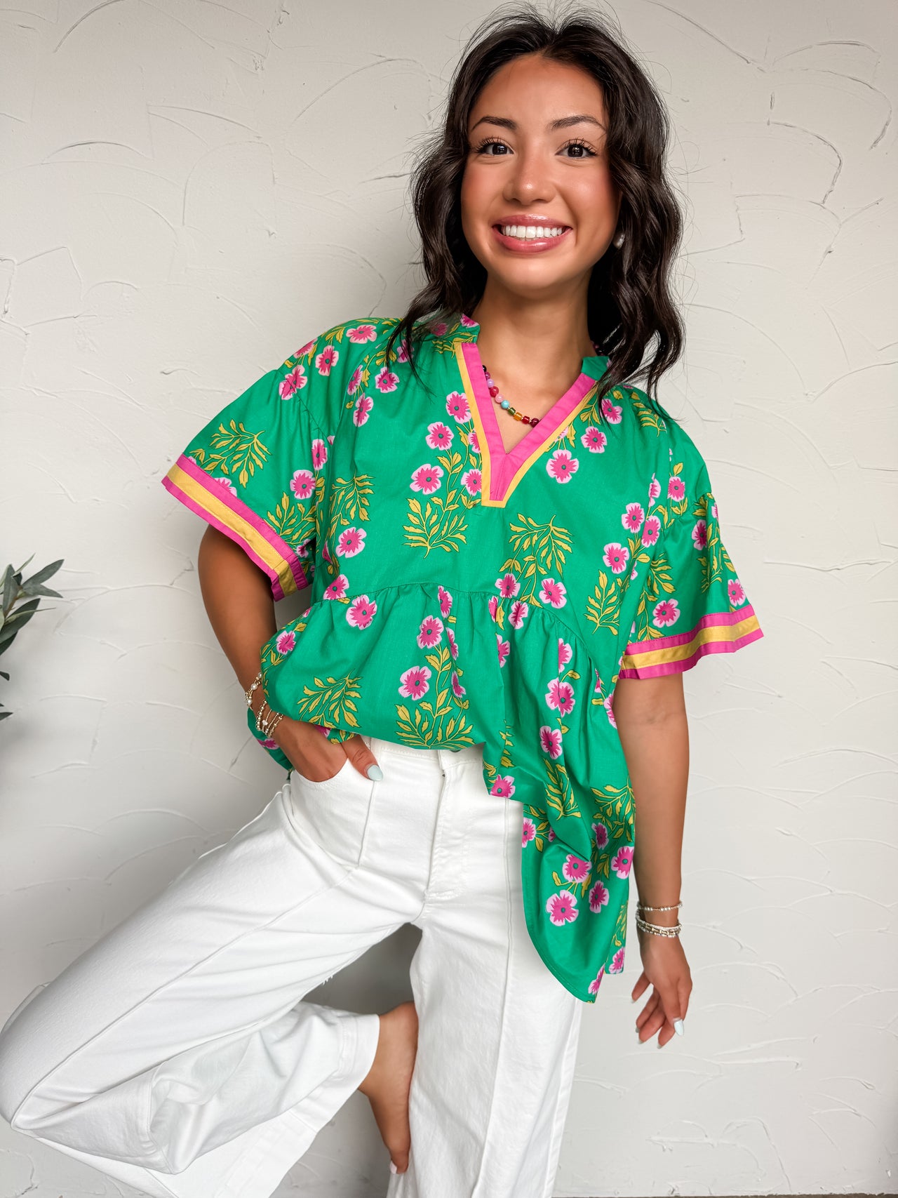 Nature's True Form Contrast Trim Babydoll Top
