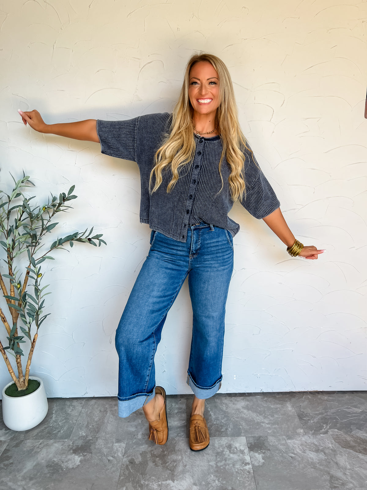 Way Back When Button Down Sweater Top- Navy