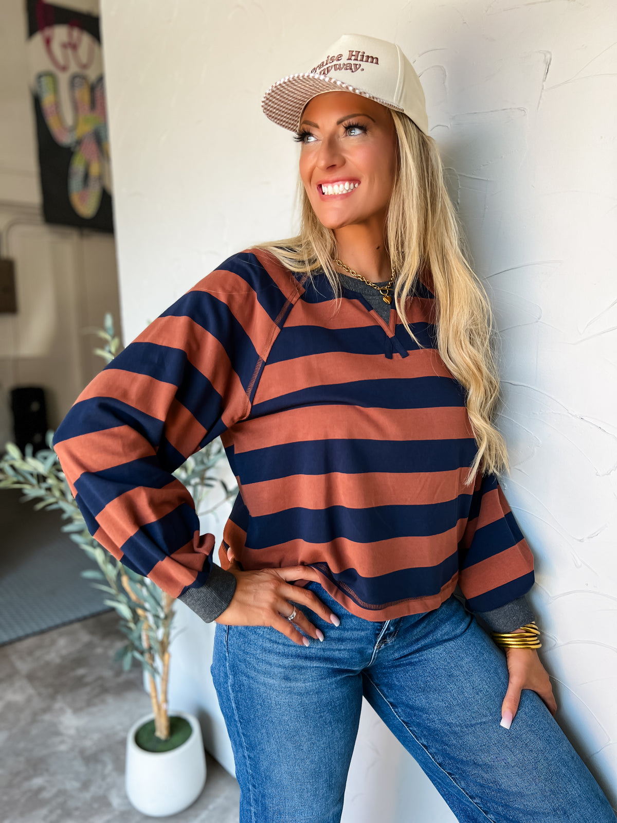 Back In Action Striped Cropped Top- Camel/Navy