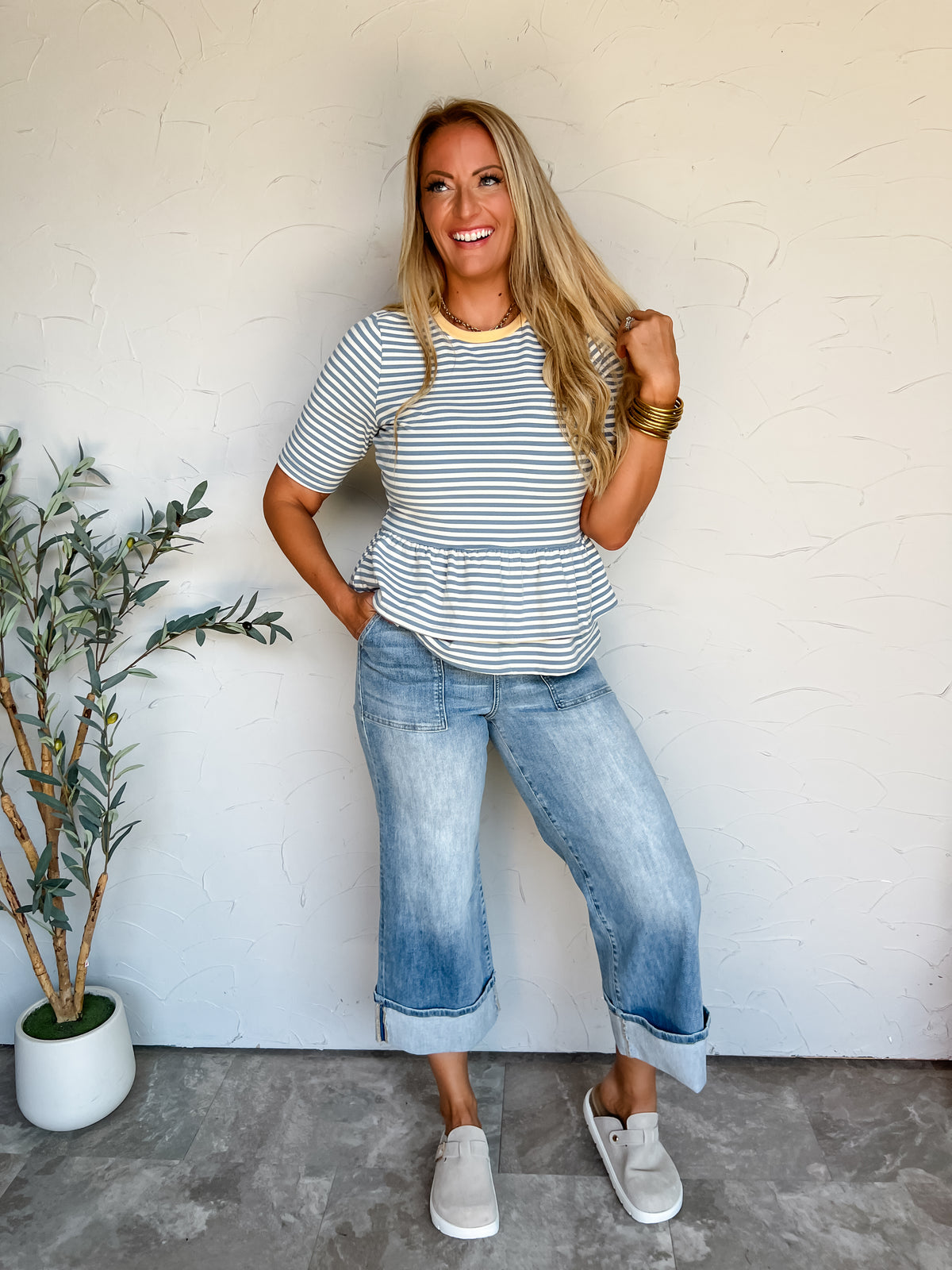 It's A Sneak Peek Stripe Ruffle Hem Top - Ivory/Denim Blue