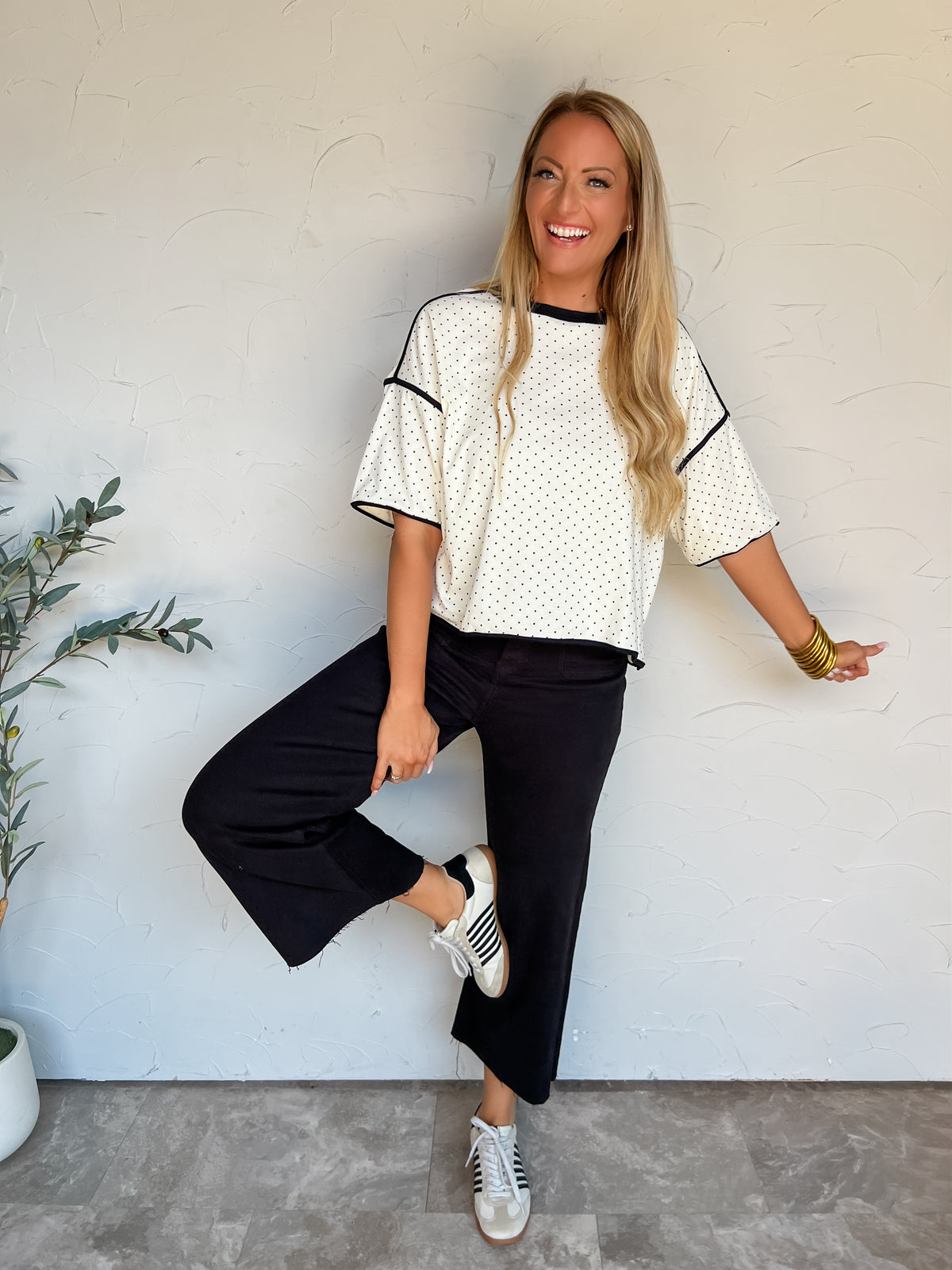 Stay Ahead Of The Curve Polka Dot Trim Top