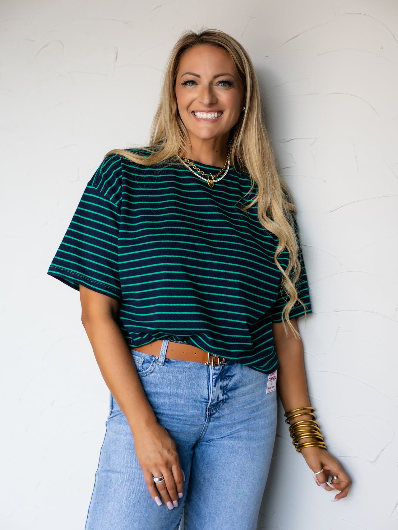 Sweet Lady Striped Round Neck Top- Navy