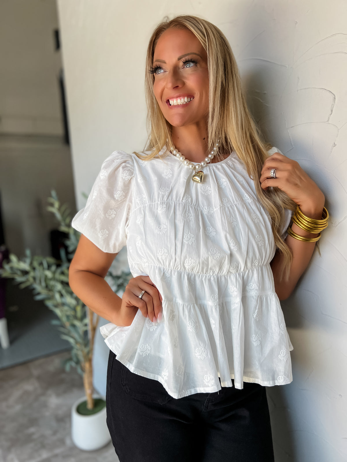 Give Me The Tea Embroidered Rose Peplum Top