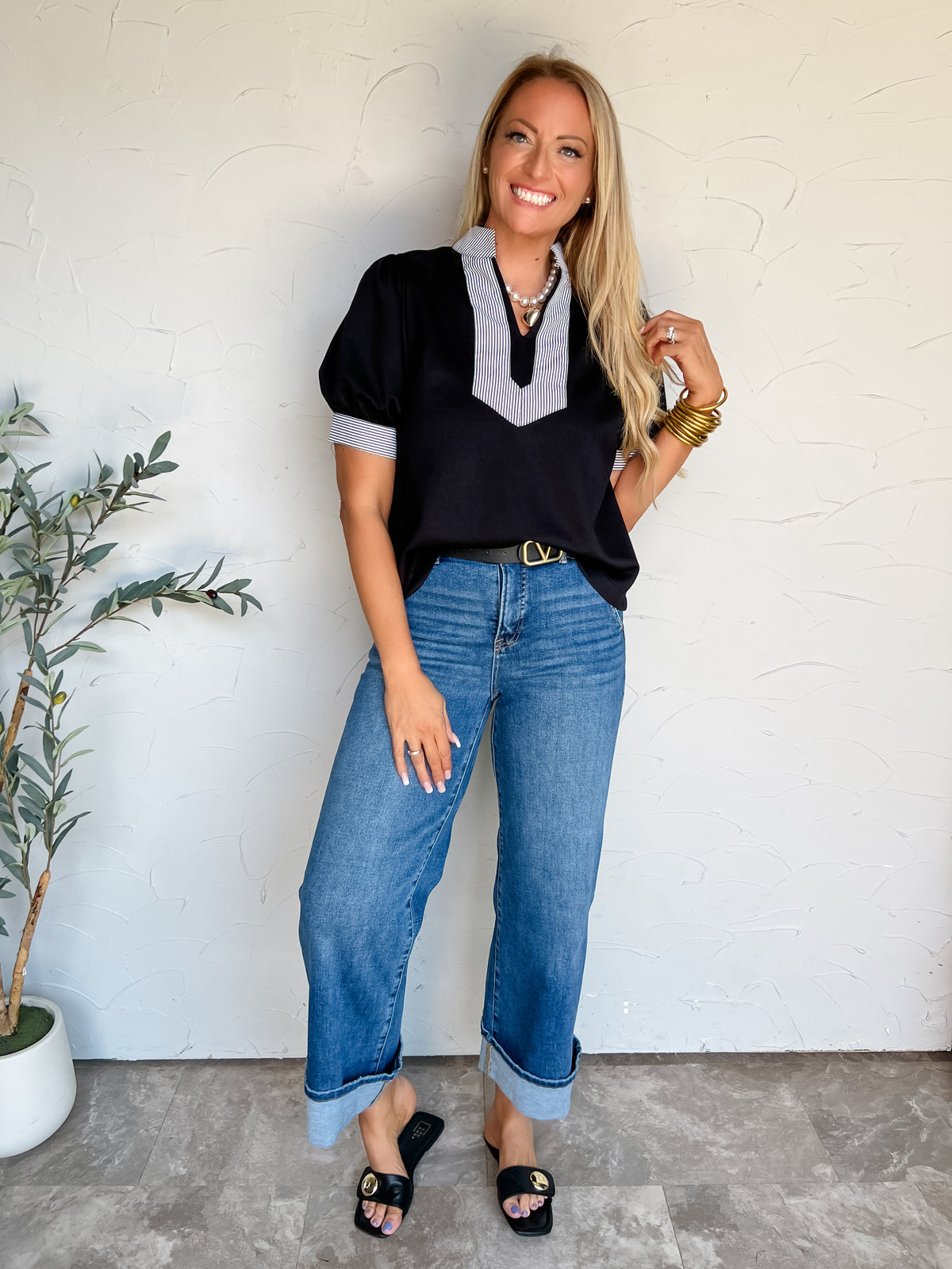 Like What I See Stripe Contrast Top- Black