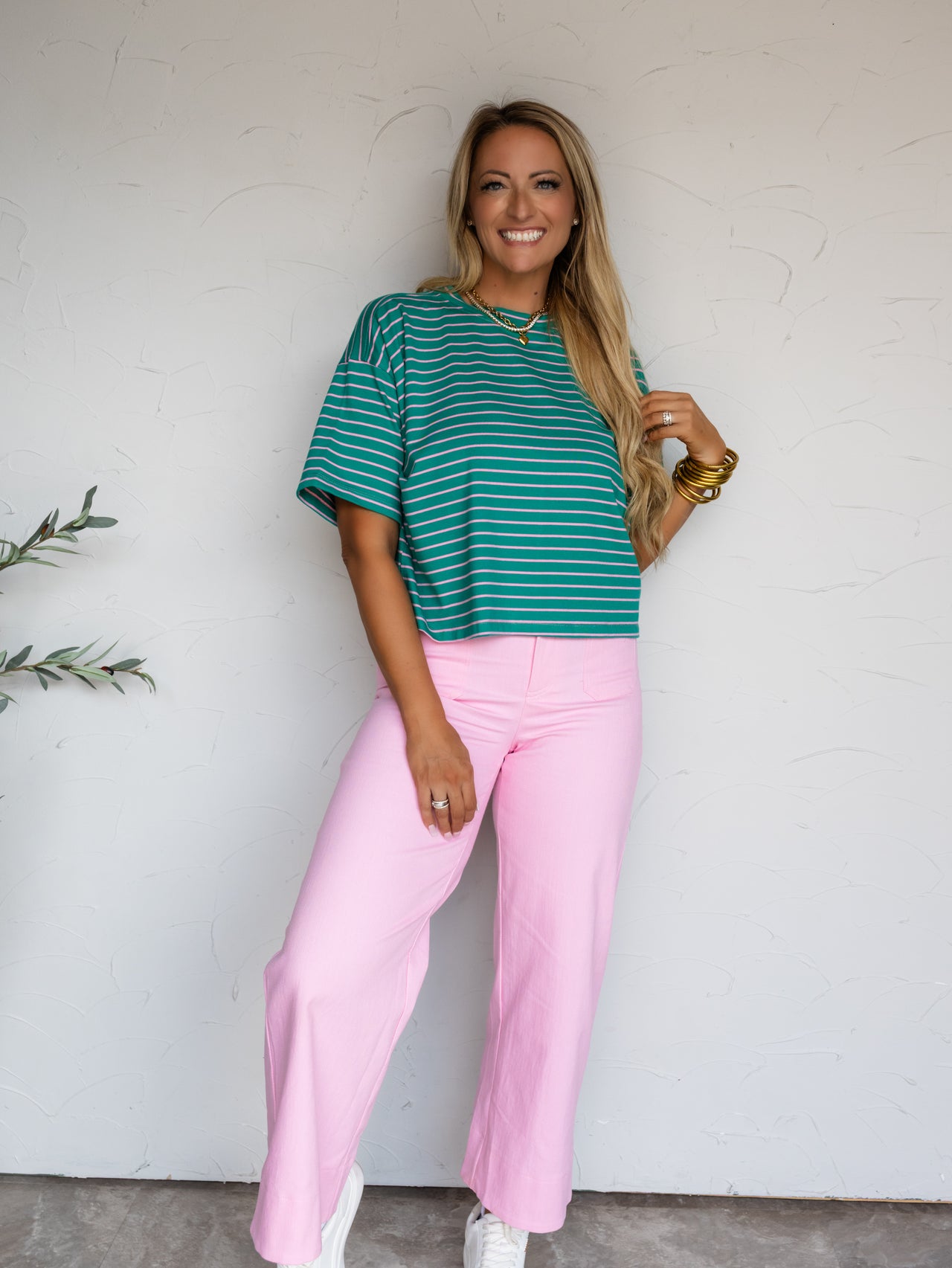 Sweet Lady Striped Round Neck Top- Green