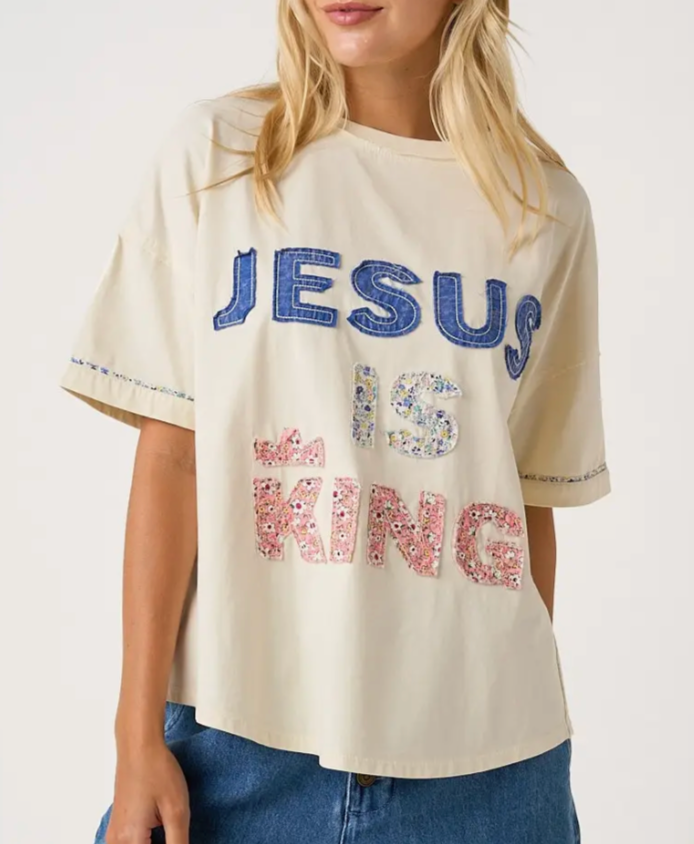 Jesus Is King Letter Patchwork Top- Ivory