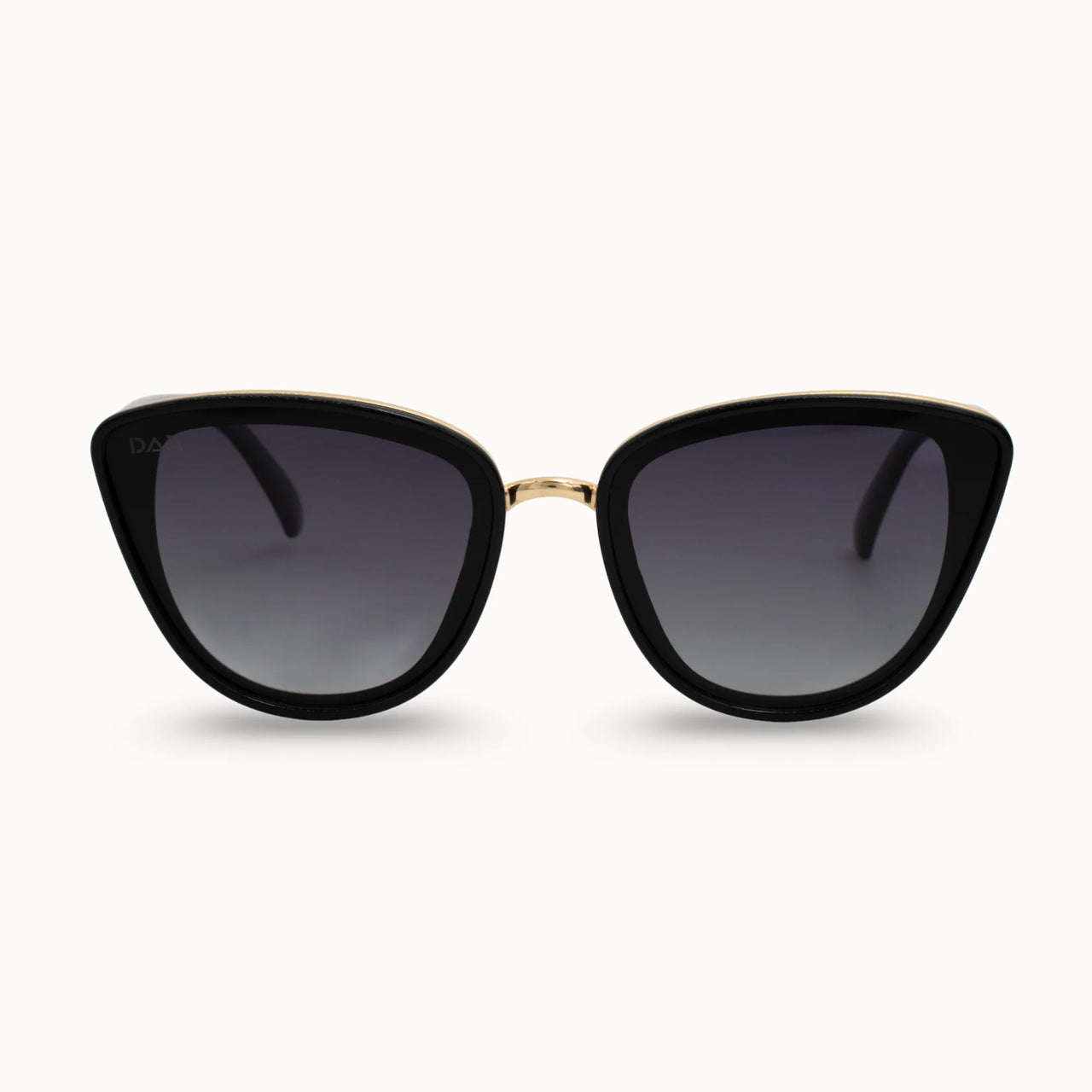 Black cat-eye sunglasses with gold frame on a white background