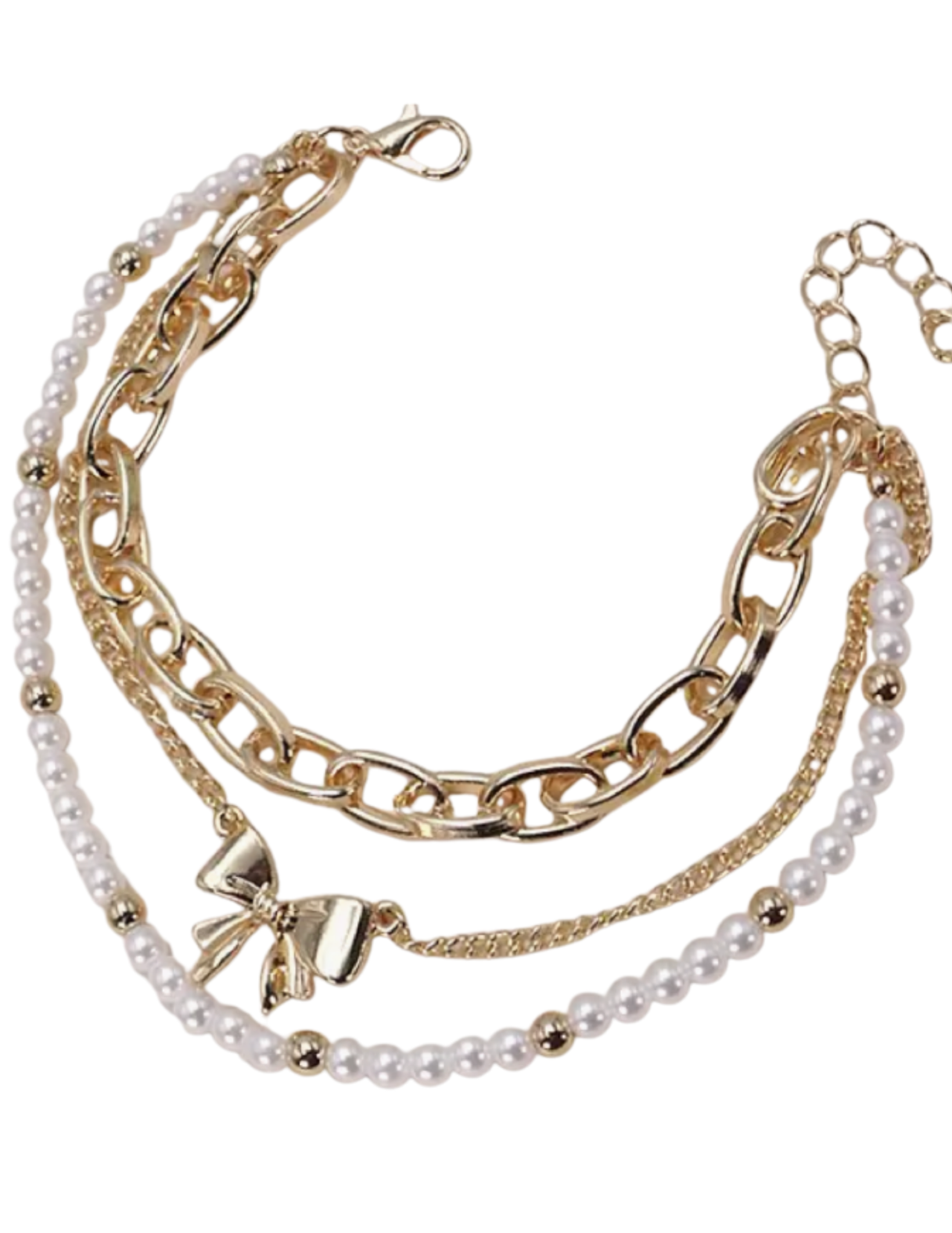 Stack of gold and pearl necklaces on a white background