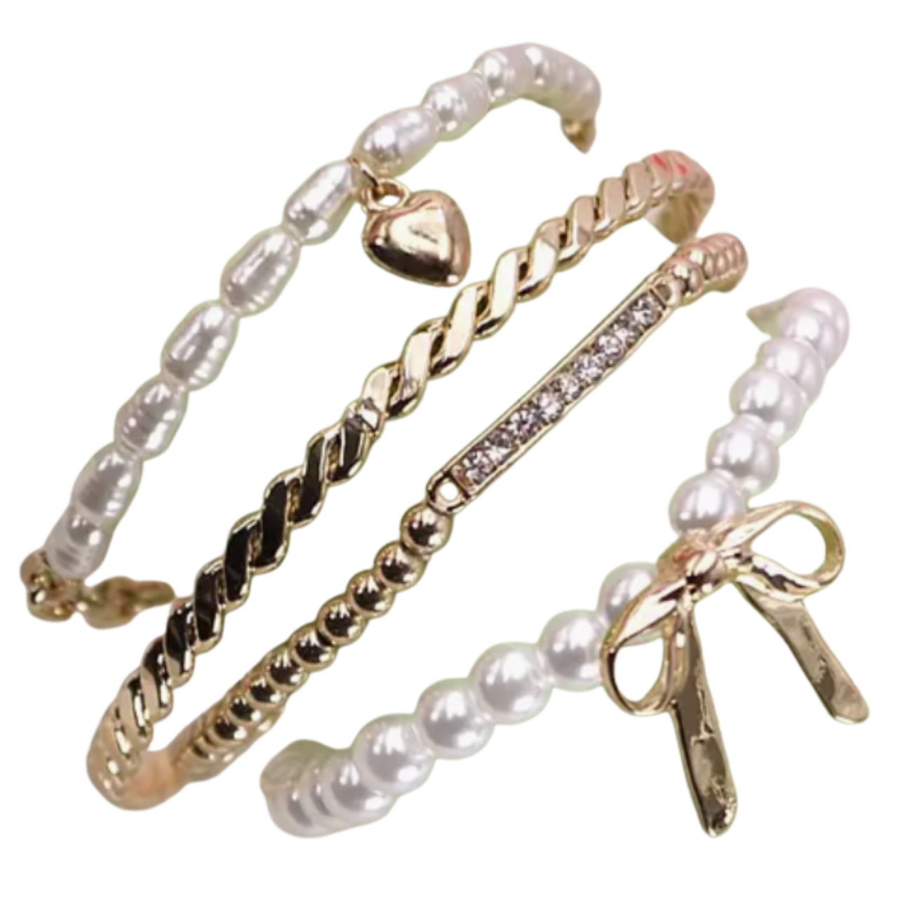 Set of 4 gold and pearl bracelets on a white background