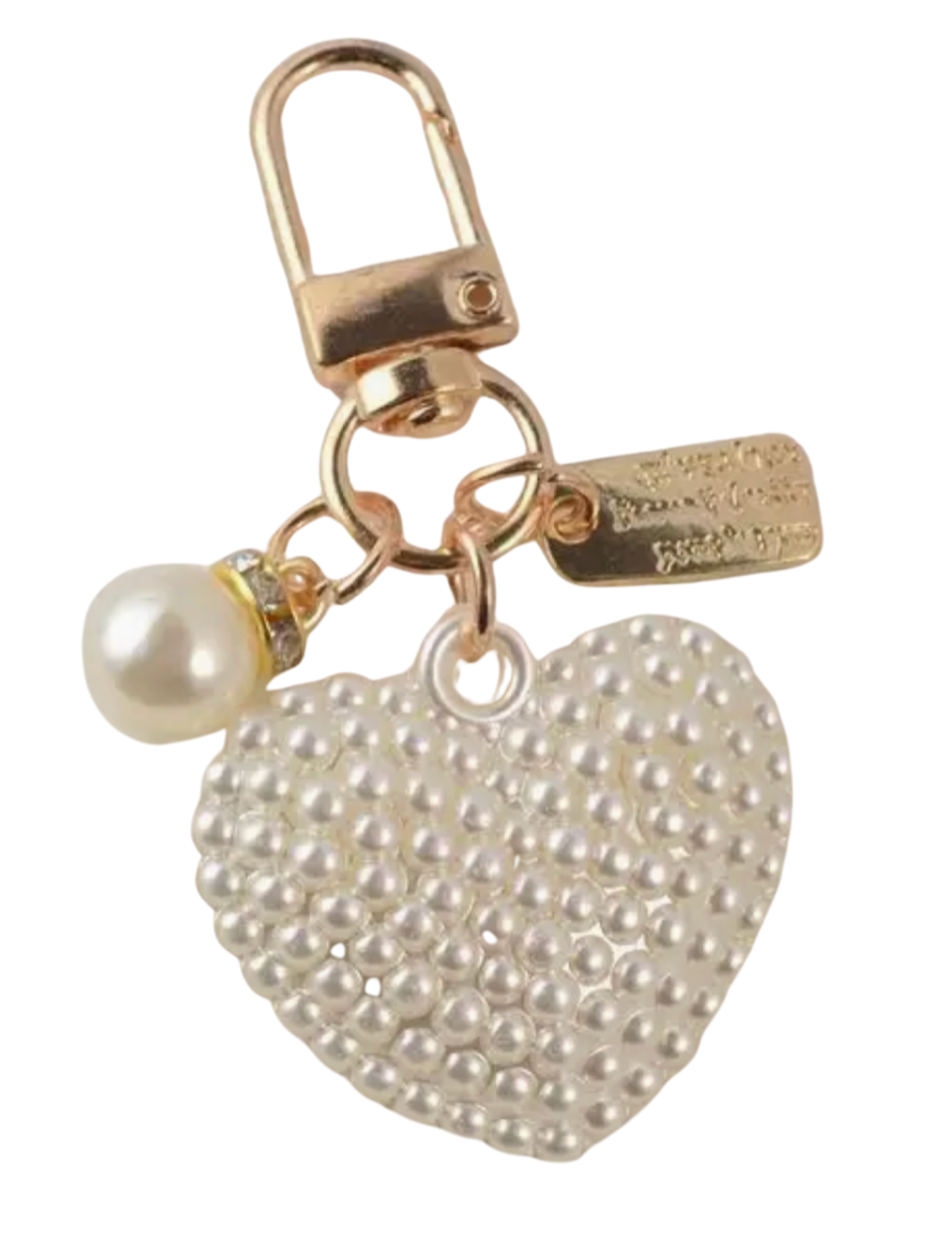 Heart-shaped pearl keychain with a gold clasp on a white background