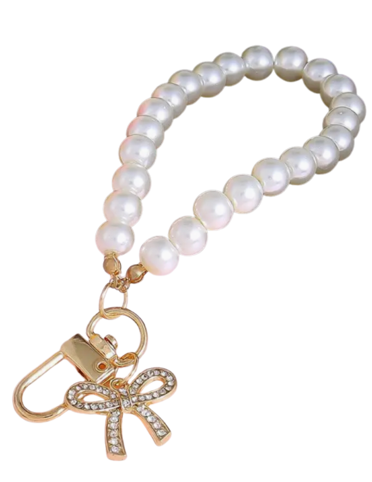 Pearl key chain with a gold bow charm on a white background