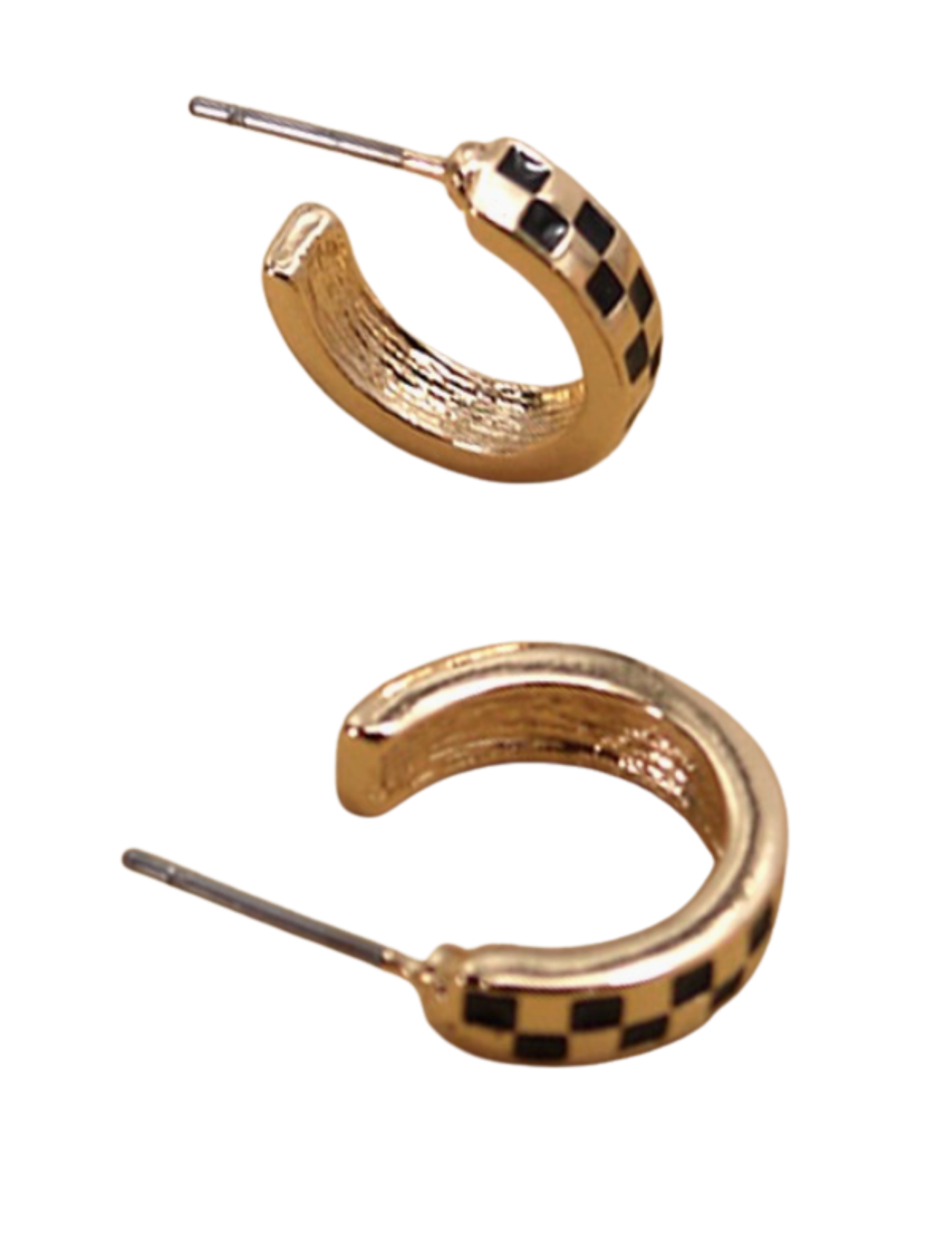 Gold hoop earrings with checkered pattern on a white background