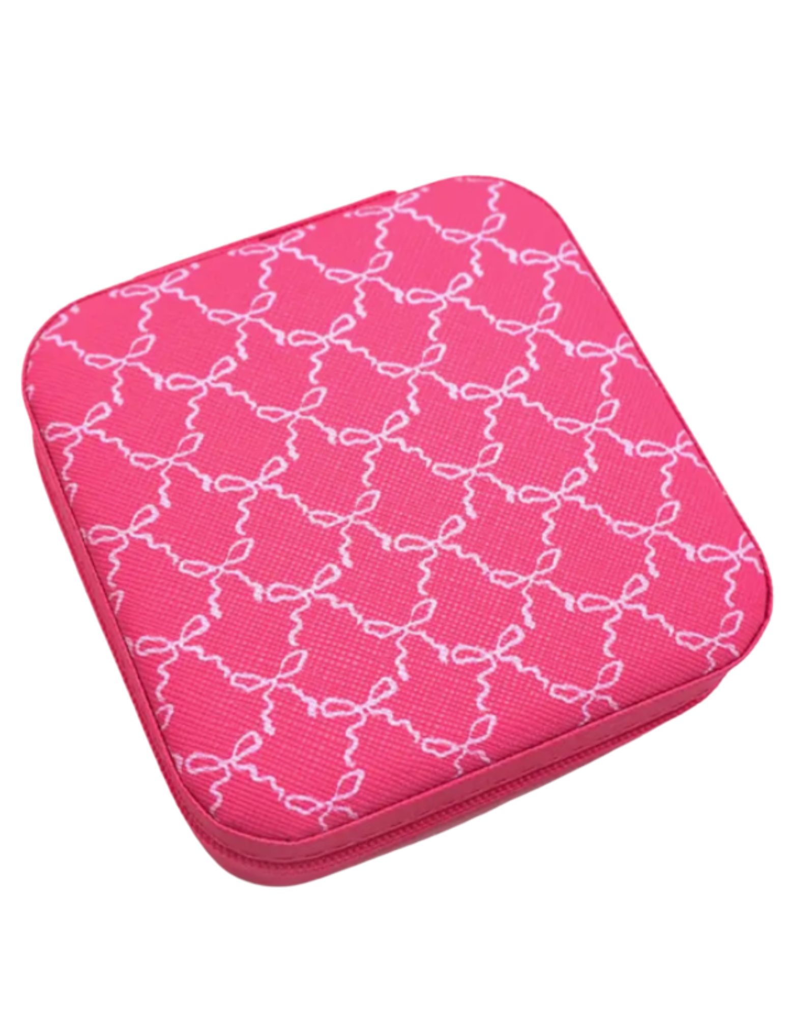 Pink square jewelry box with white bow- lace pattern on a white background