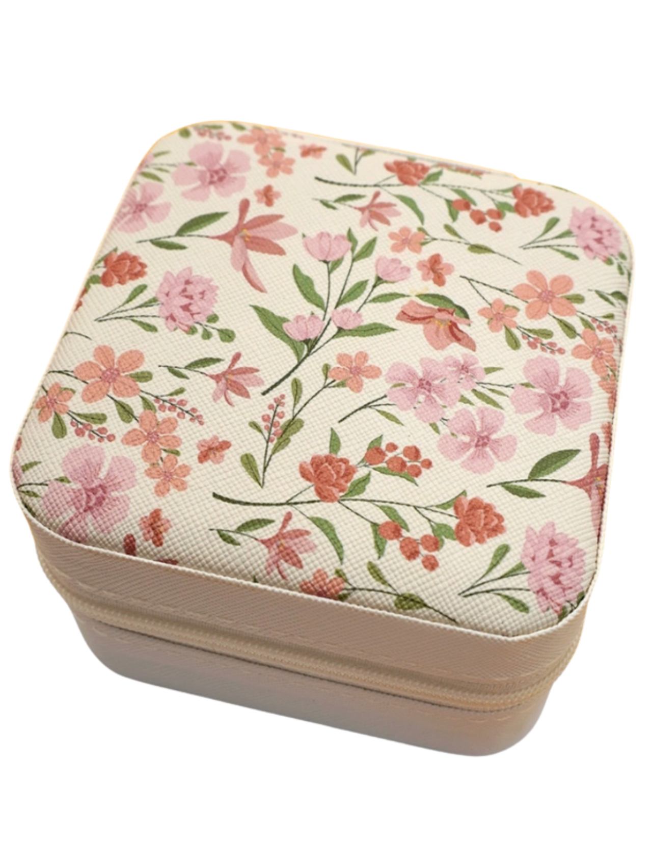 Pink, red and green floral-patterned cream jewelry box with a zipper on a white background