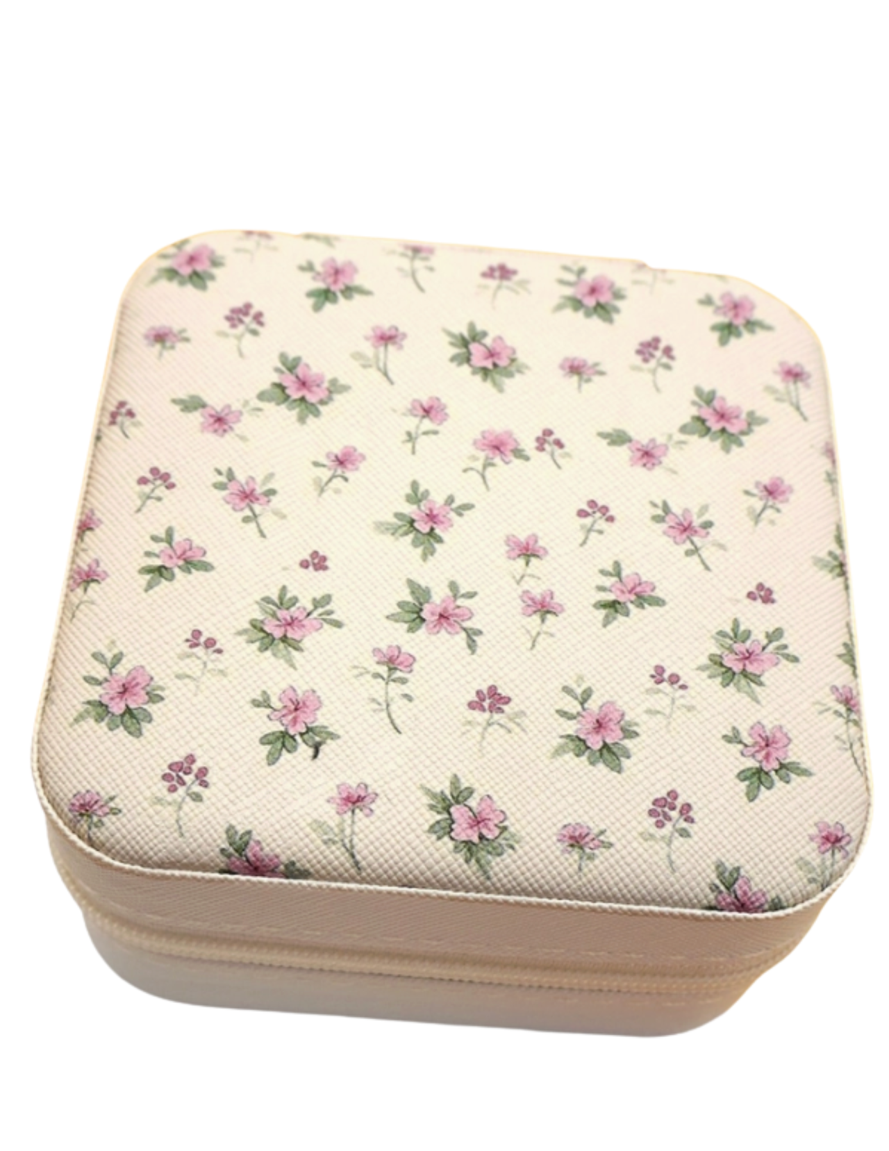 Square jewelry box with a purple and green floral pattern on a white background