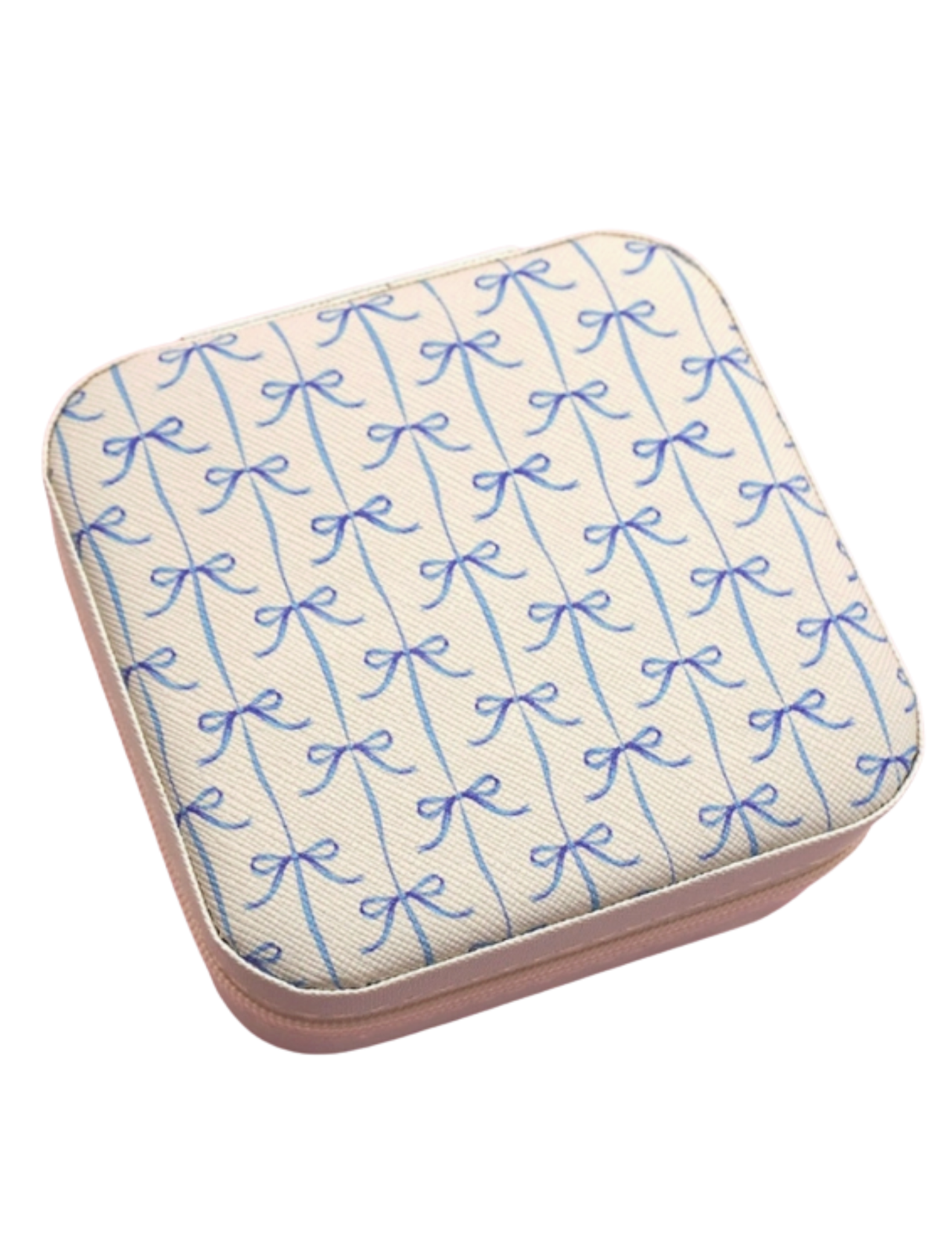 Small square jewelry box with a blue bow pattern on a white background