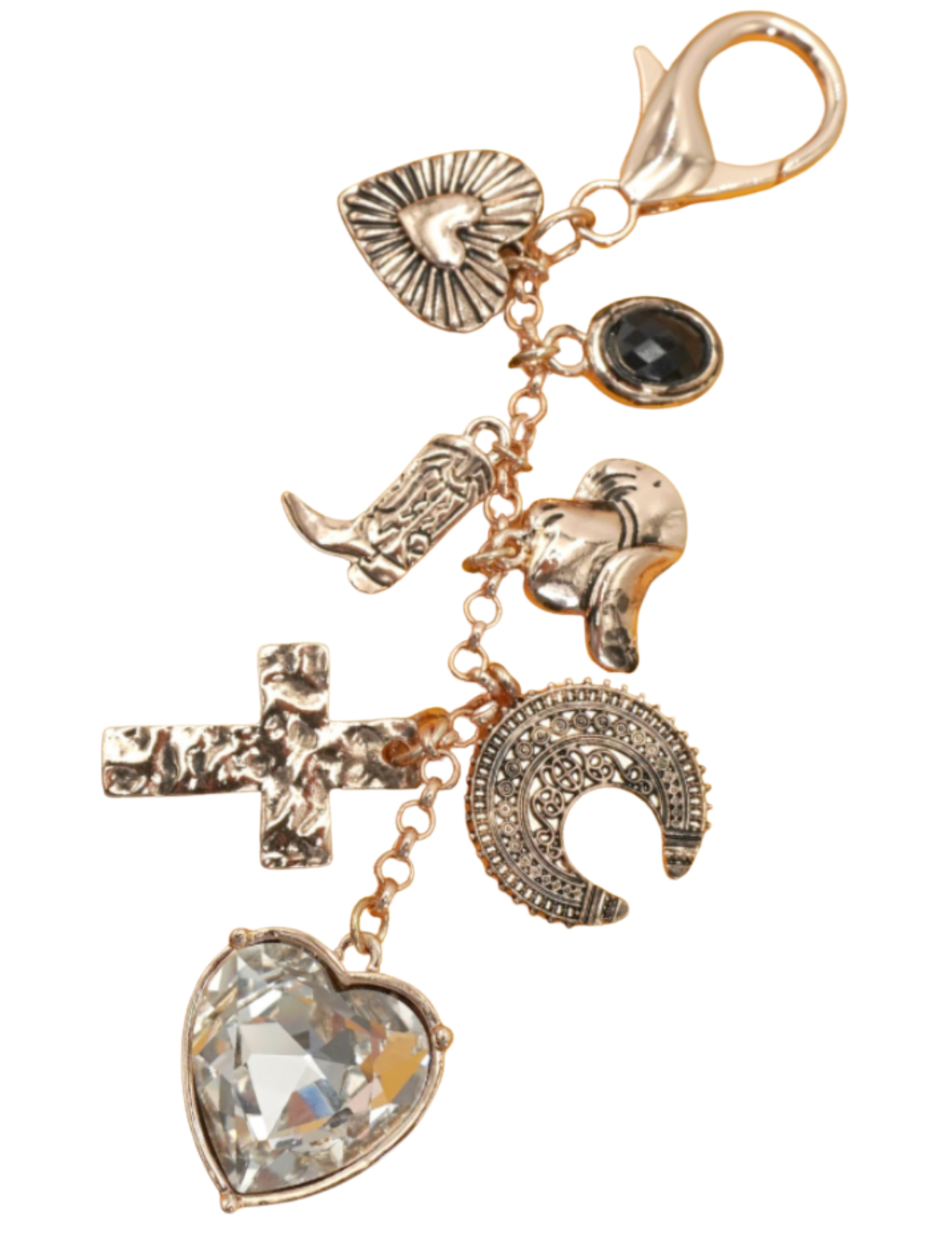 Gold keychain with various charms including a heart, boot, and cross on a white background