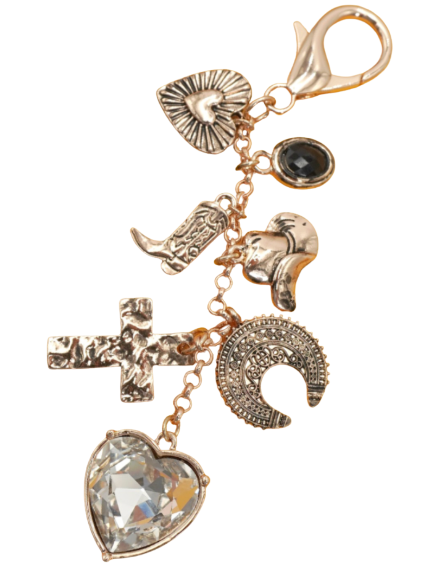 Gold keychain with various charms including a heart, boot, and cross on a white background