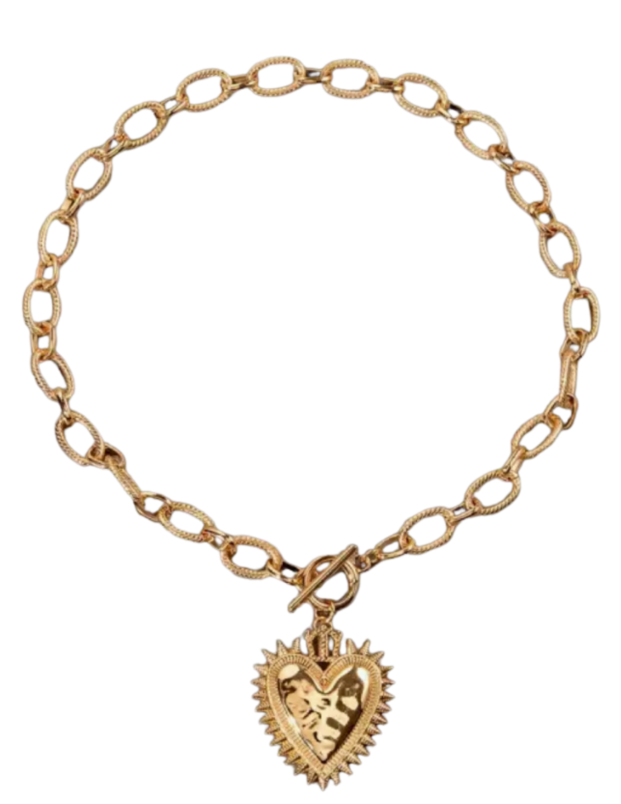 Gold chain necklace with a heart-shaped pendant on a white background