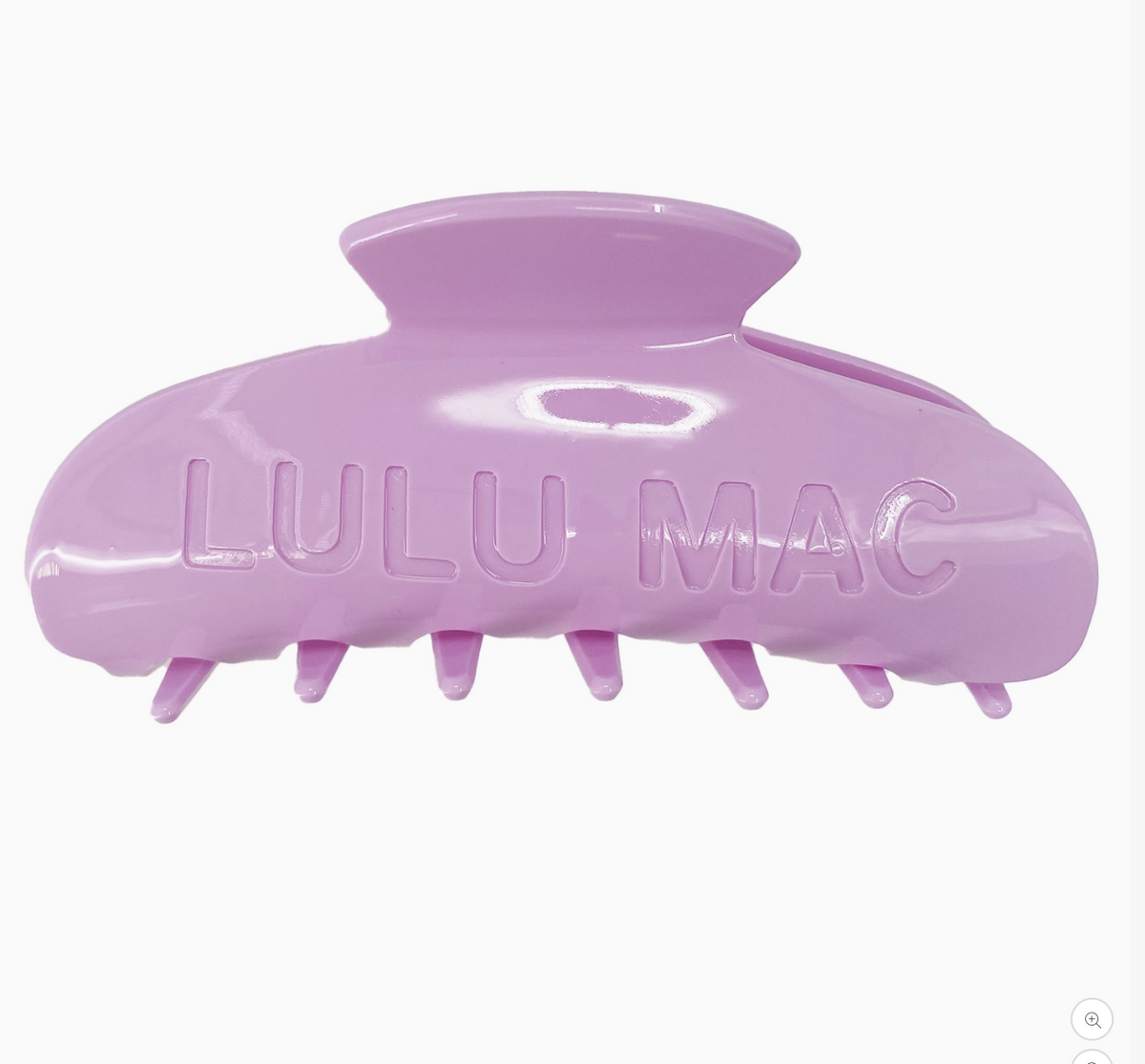 A lavender purple hair claw clip with 'LULU MAC' embossed on the front, shown against a plain white background.