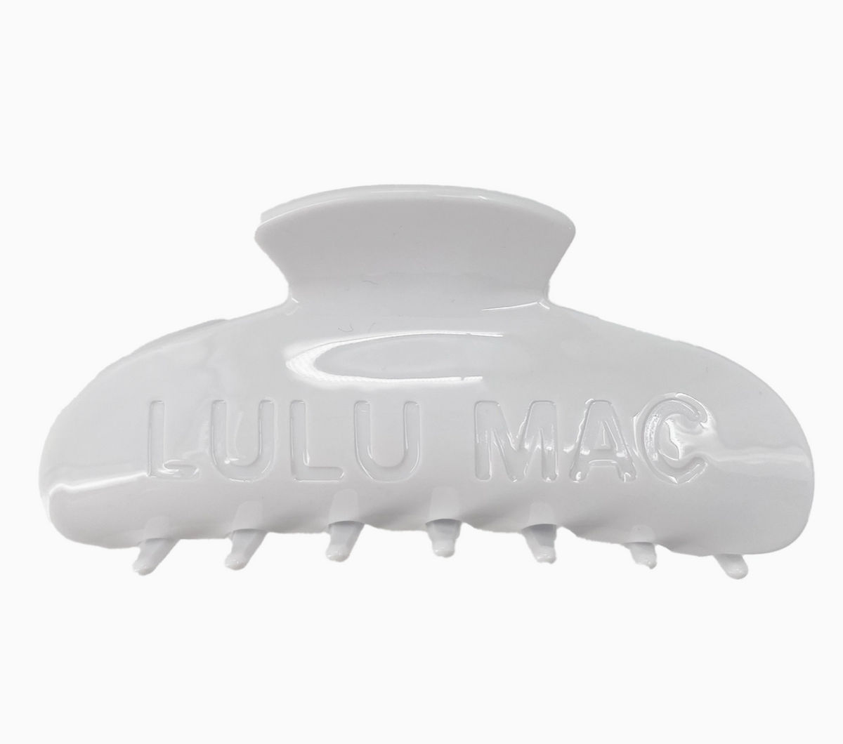 A glossy white hair claw clip with the brand name 'LULU MAC' embossed on the front, shown against a plain white background.