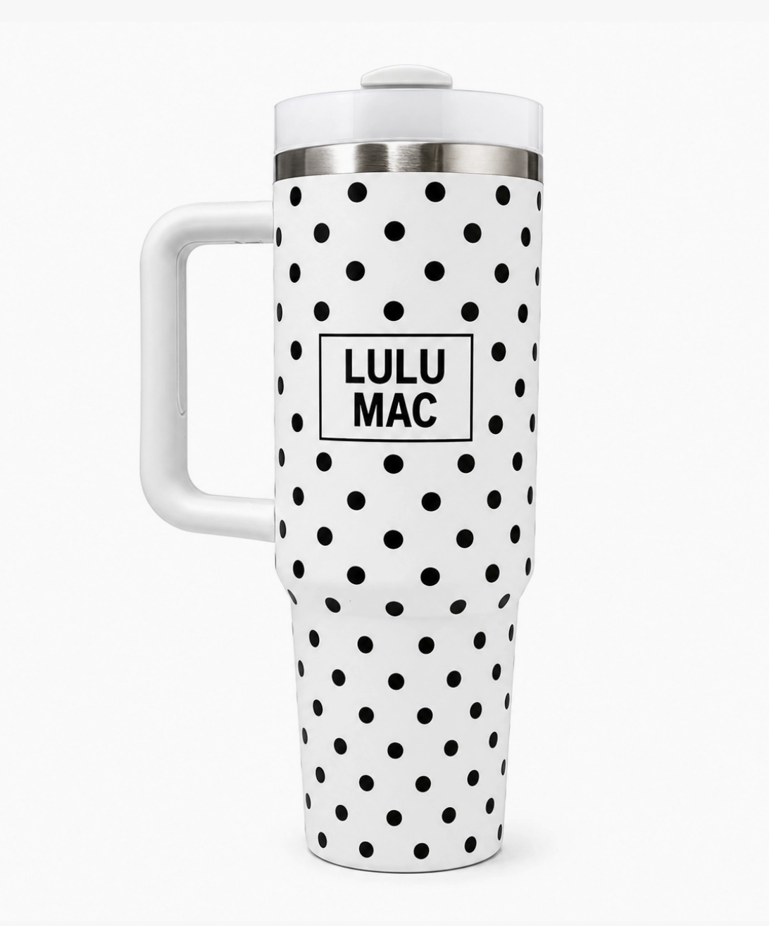 A white travel mug with black polka dots and a custom 'LULU MAC' nameplate, shown on a clean white background.