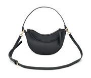 A black faux-leather crescent moon shoulder bag with a top zipper, gold-tone hardware, and a detachable shoulder strap, shown against a plain white background.
