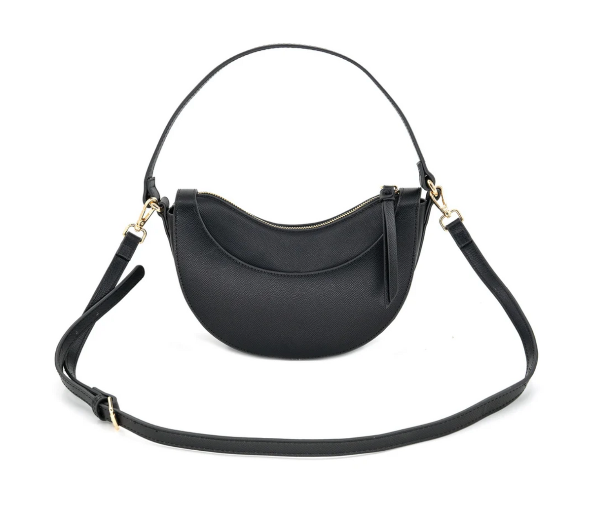 A black faux-leather crescent moon shoulder bag with a top zipper, gold-tone hardware, and a detachable shoulder strap, shown against a plain white background.