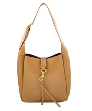A tan pebbled leather hobo shoulder bag with a gold-tone snap and strap hardware, shown against a plain white background.